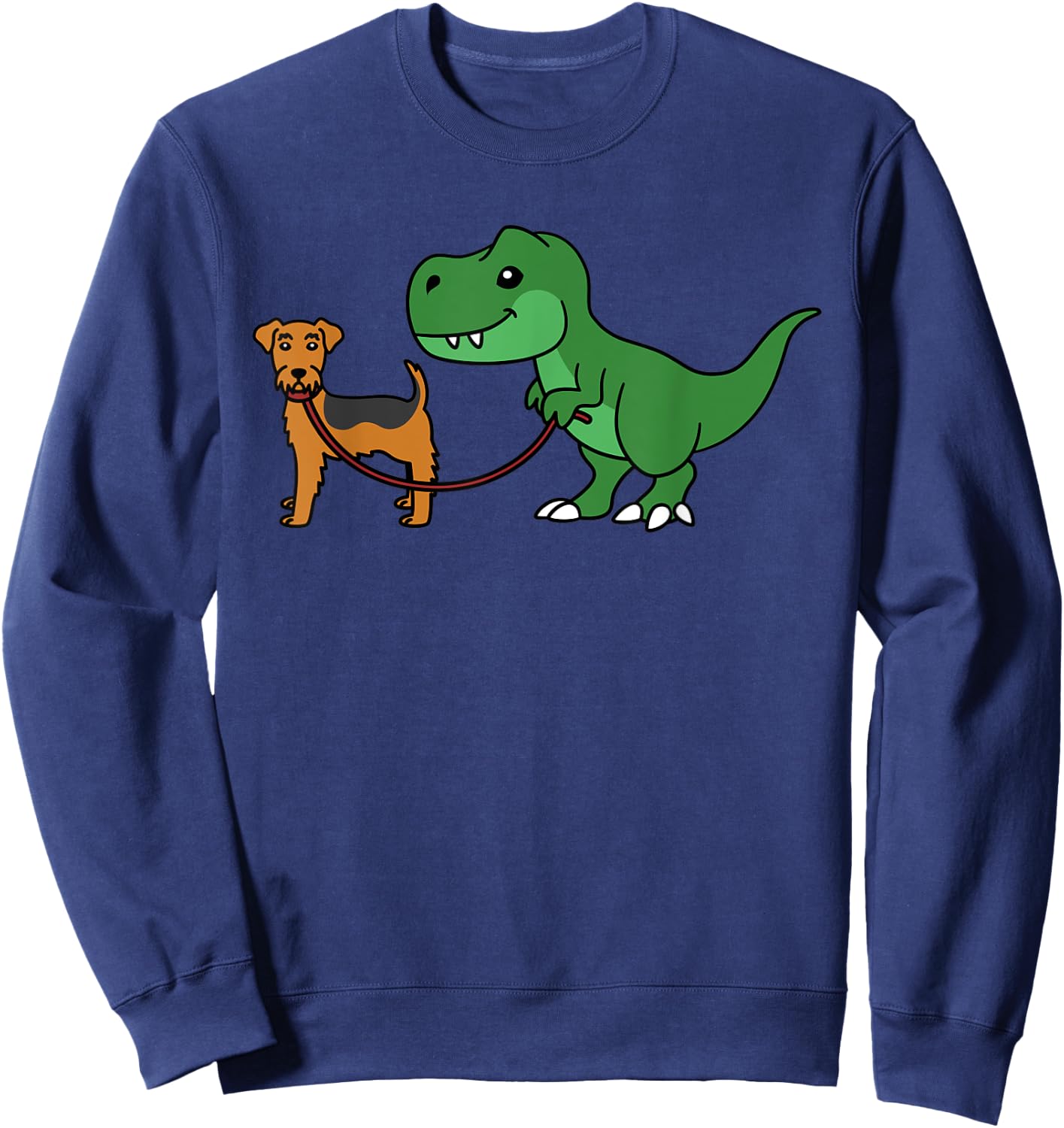 T-Rex Dinosaur Walking Airedale Terrier Funny Dog Sweatshirt - Sweatshirt | Navy