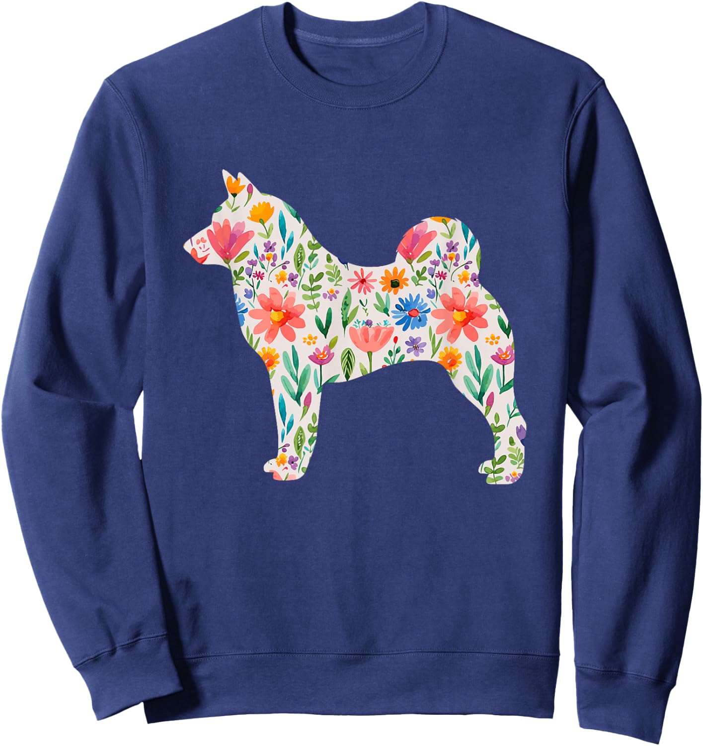 Norwegian Elk Dog Watercolour Flowers Design Sweatshirt - Sweatshirt | Navy