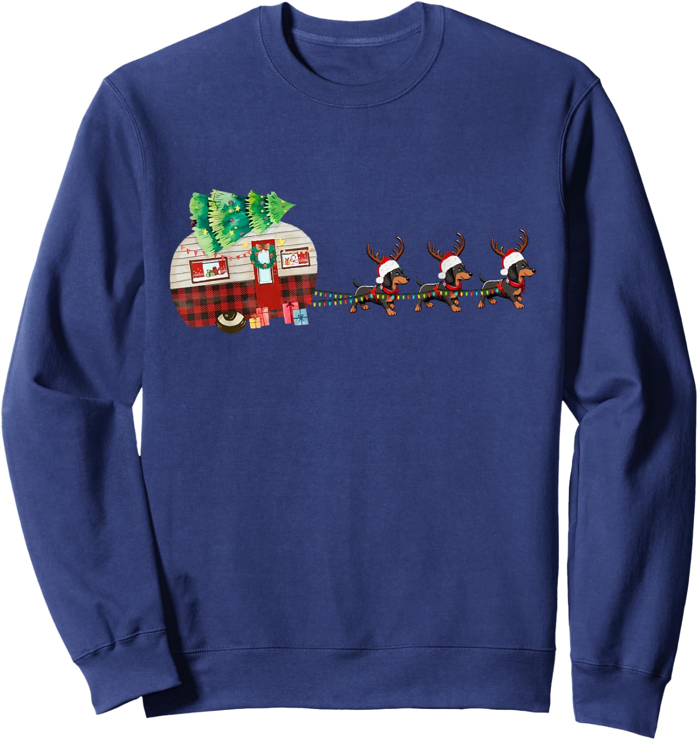 Funny Santa Dachshund Dog Sleigh Christmas Pet Camper Van Sweatshirt - Sweatshirt | Navy