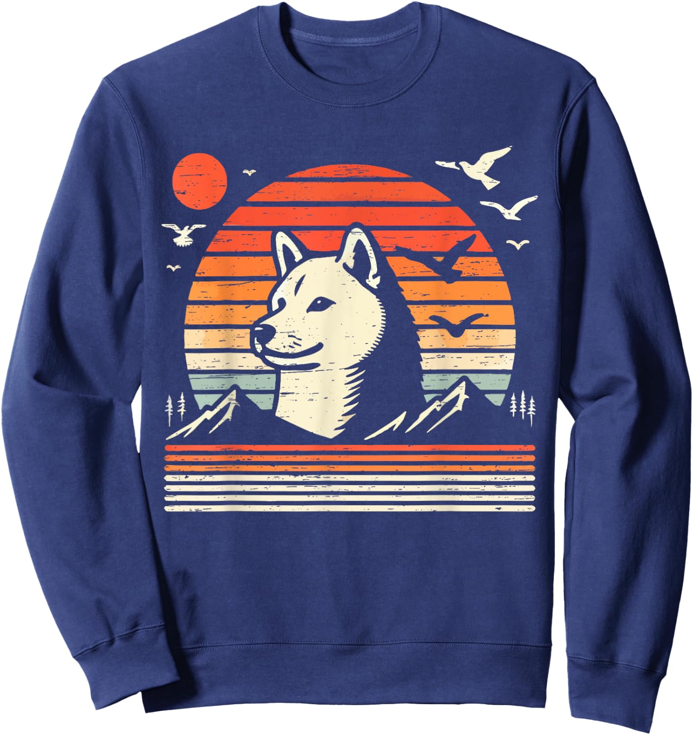 Vintage Shiba Inu Sunset Mountains Birds Sweatshirt - Sweatshirt | Navy