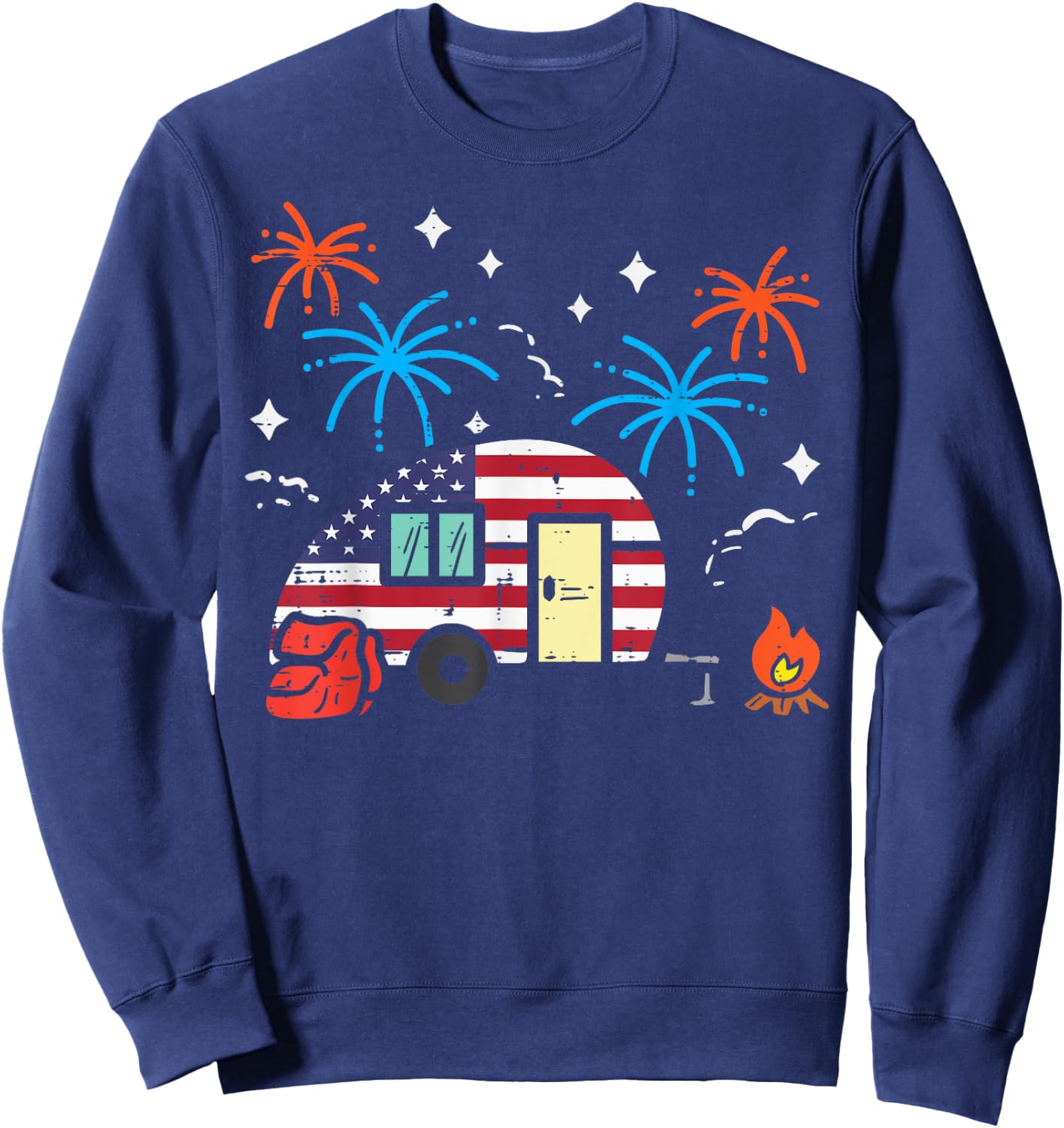 Camping Trailer US Flag Patriotic RV Camper Men Women Kids Sweatshirt - Sweatshirt | Navy