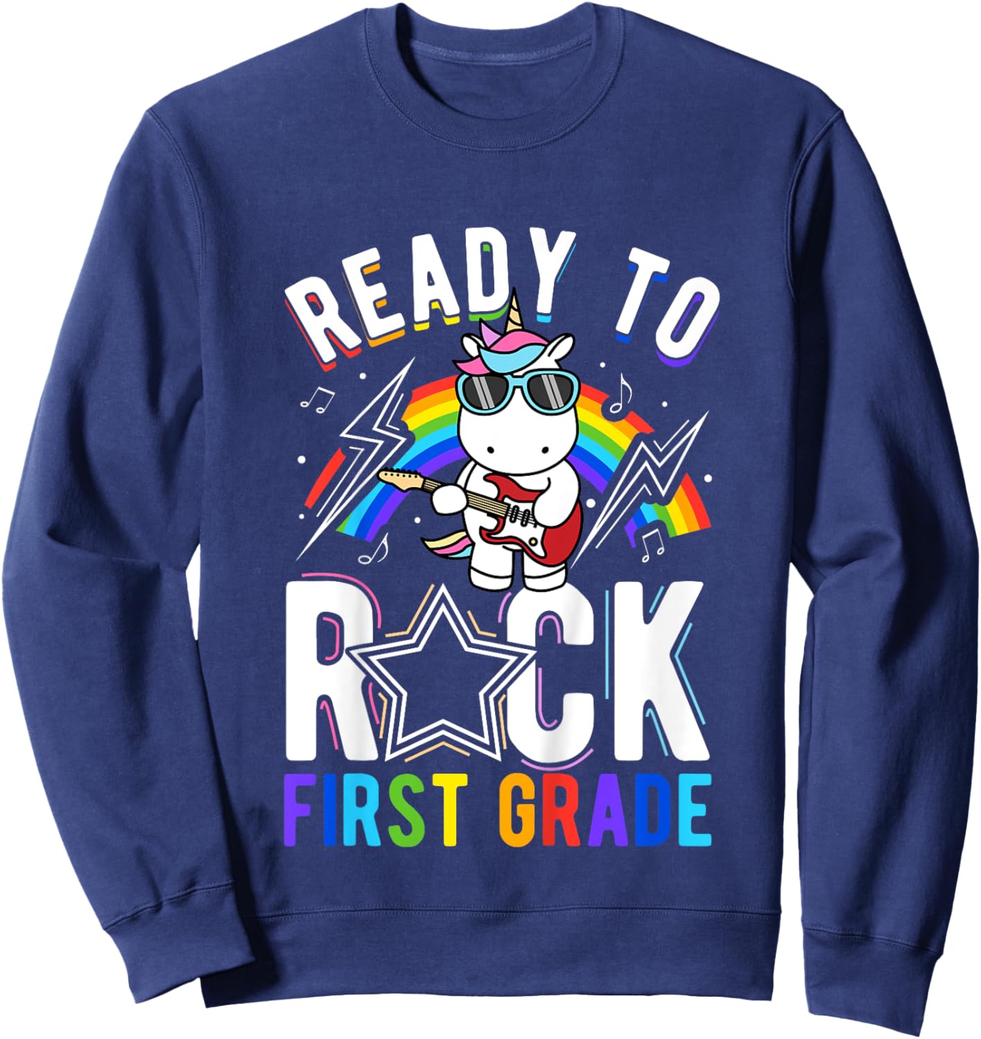 Kids READY TO Rock First Grade Rock Dinosaur School Learning Sweatshirt - Sweatshirt | Navy