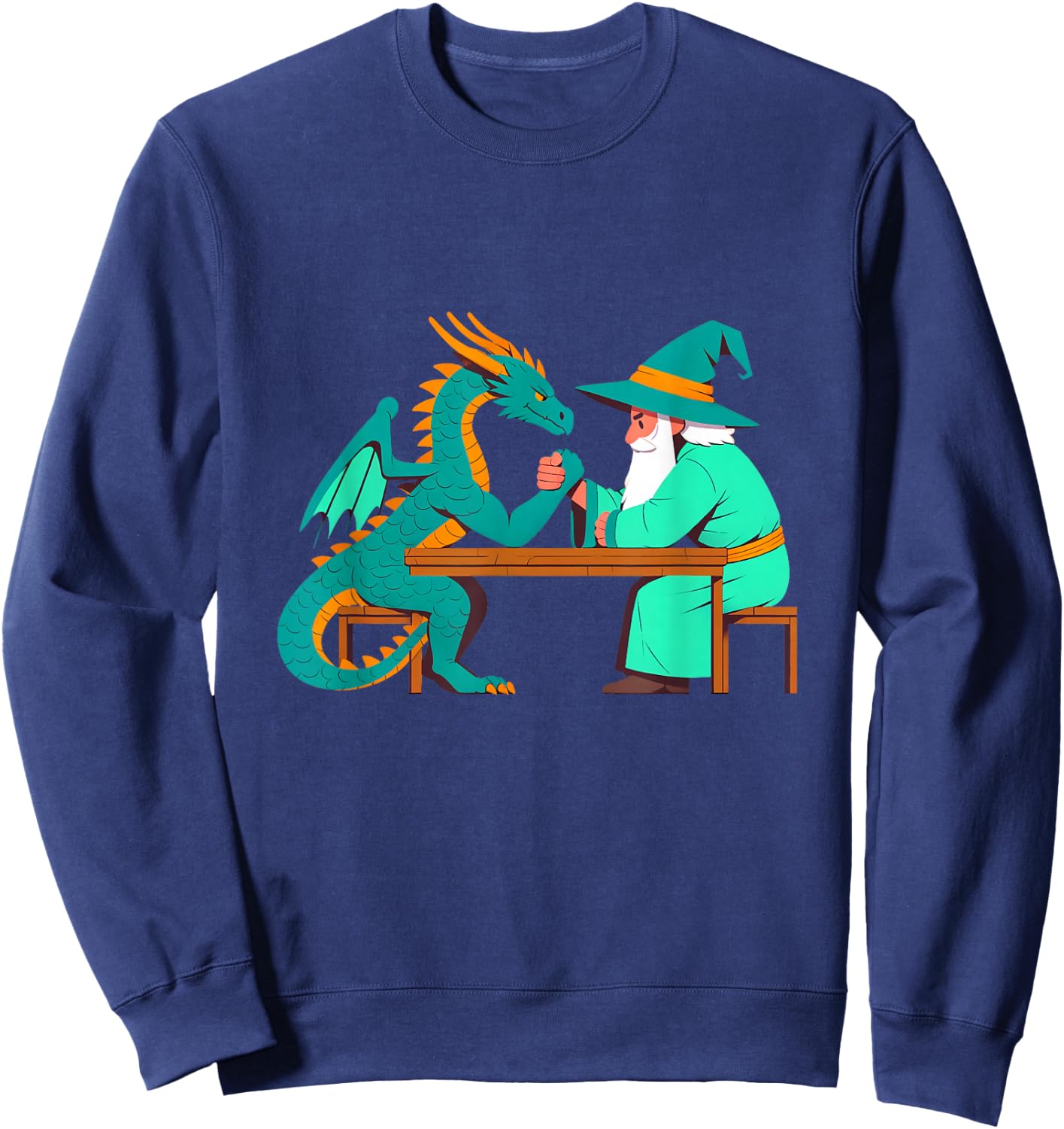 Vintage Funny Dragon And Wizard Fantasy Arm Wrestling Myth Sweatshirt - Sweatshirt | Navy