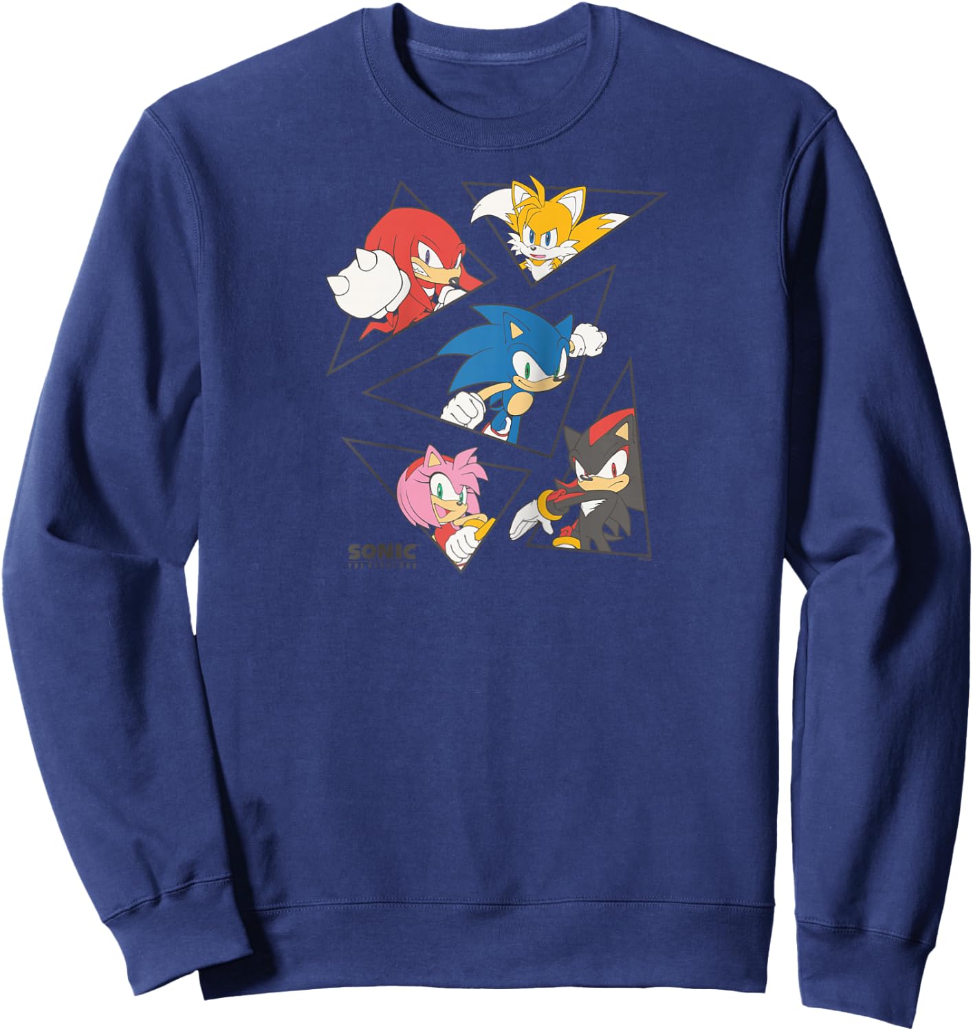 Sonic The Hedgehog Main Characters Triangle Portraits Retro Raglan Baseball Sweatshirt - Sweatshirt | Navy