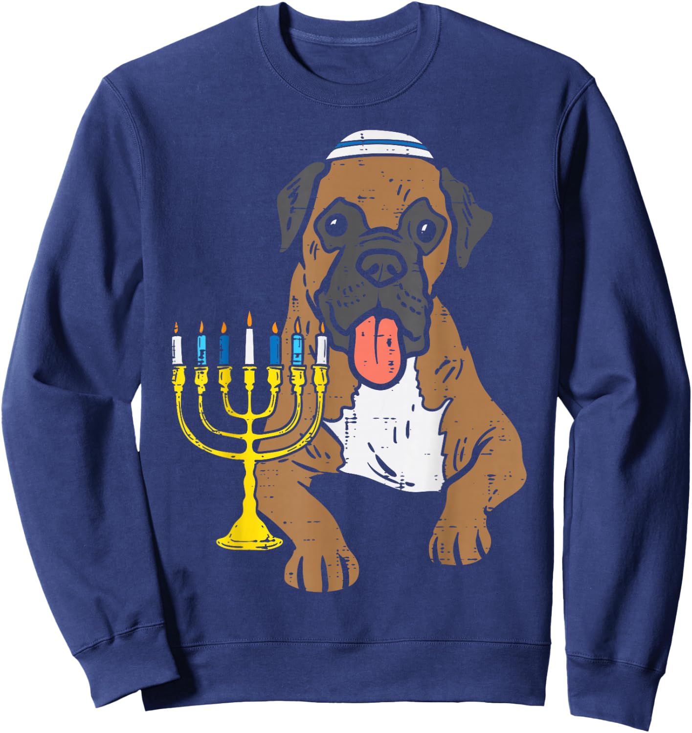 Jewish Boxer Dog Menorah Hanukkah Pajamas Chanukah PJs Sweatshirt - Sweatshirt | Navy