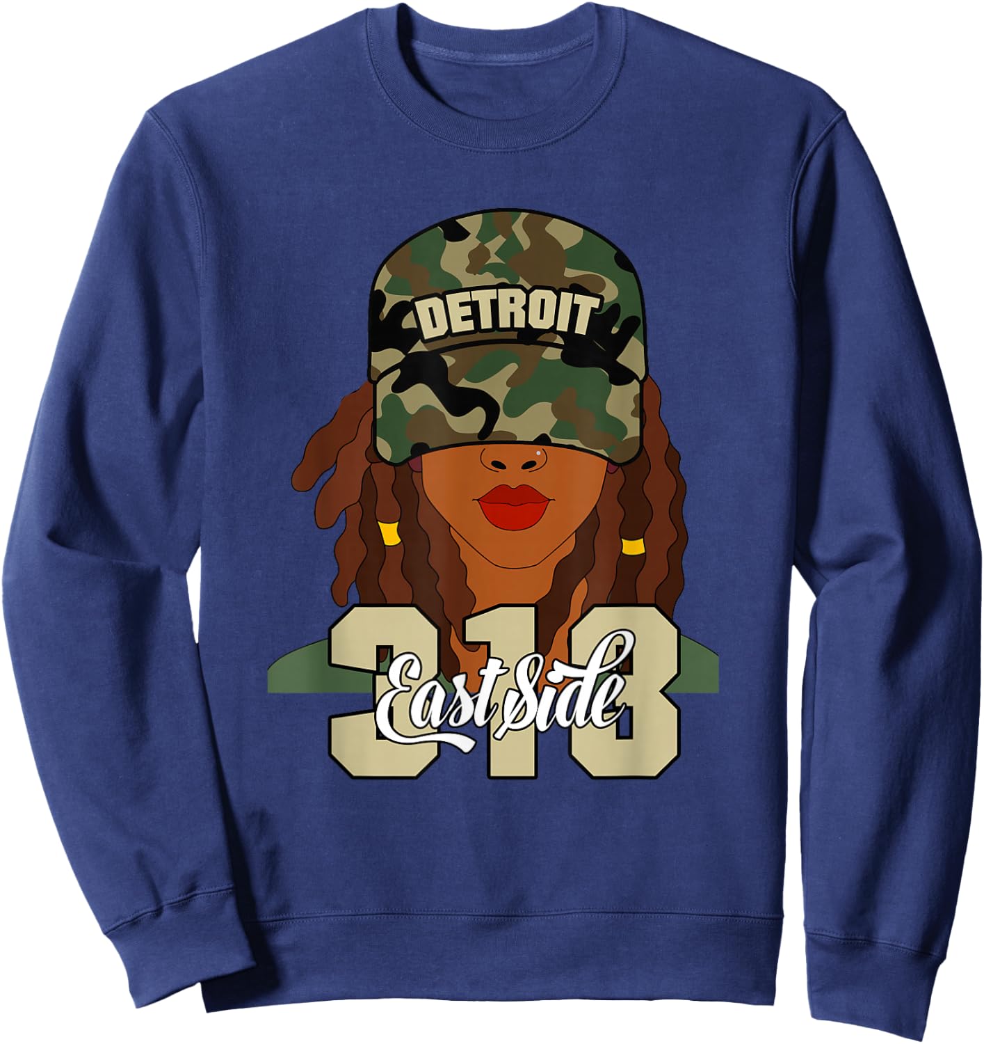 Detroit 313 East Side Hood Black Woman Camo Locs Sweatshirt - Sweatshirt | Navy