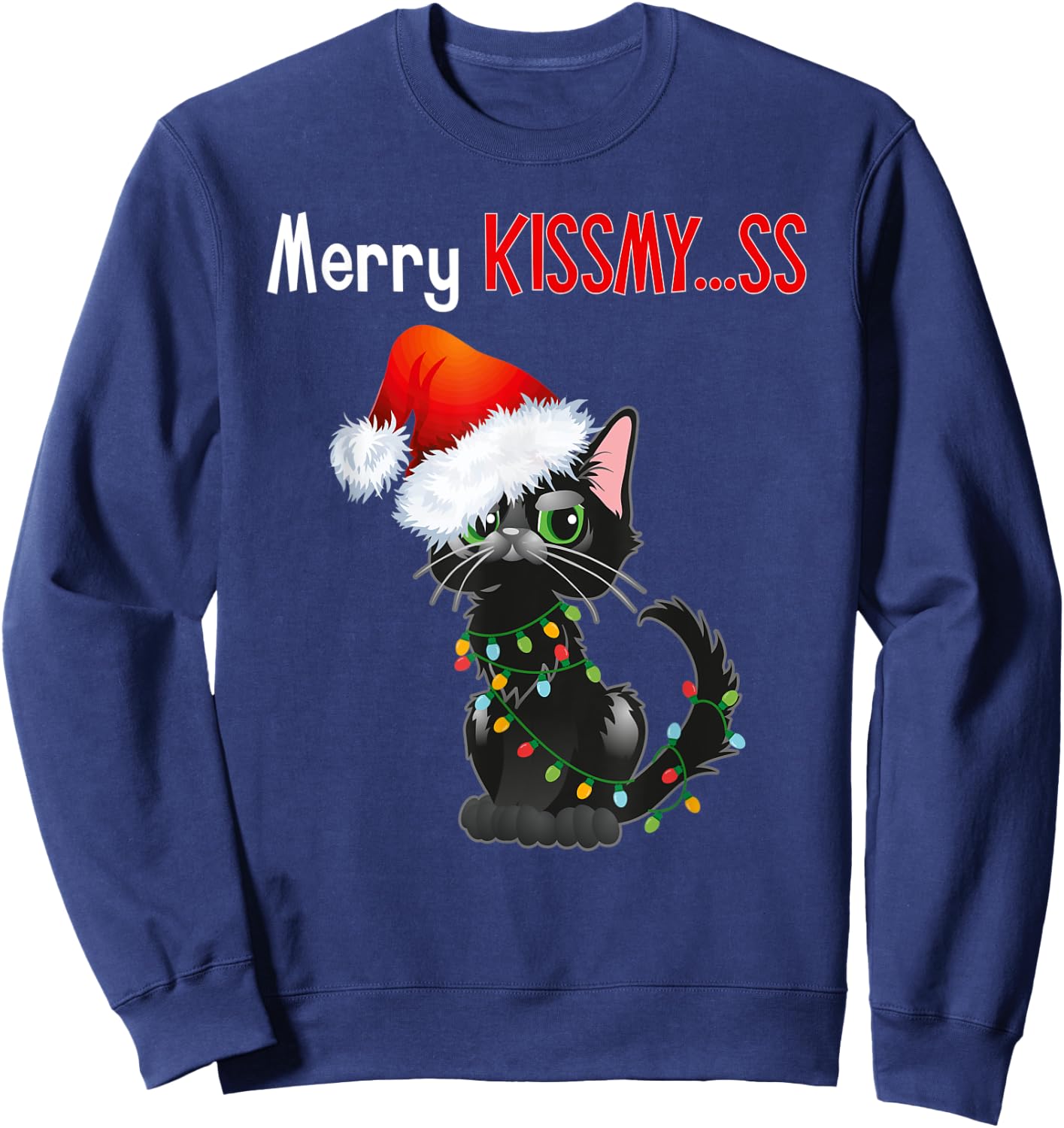 Merry Kissmy..ss Black Cat Christmas Lights Cat In Santa Hat Sweatshirt - Sweatshirt | Navy