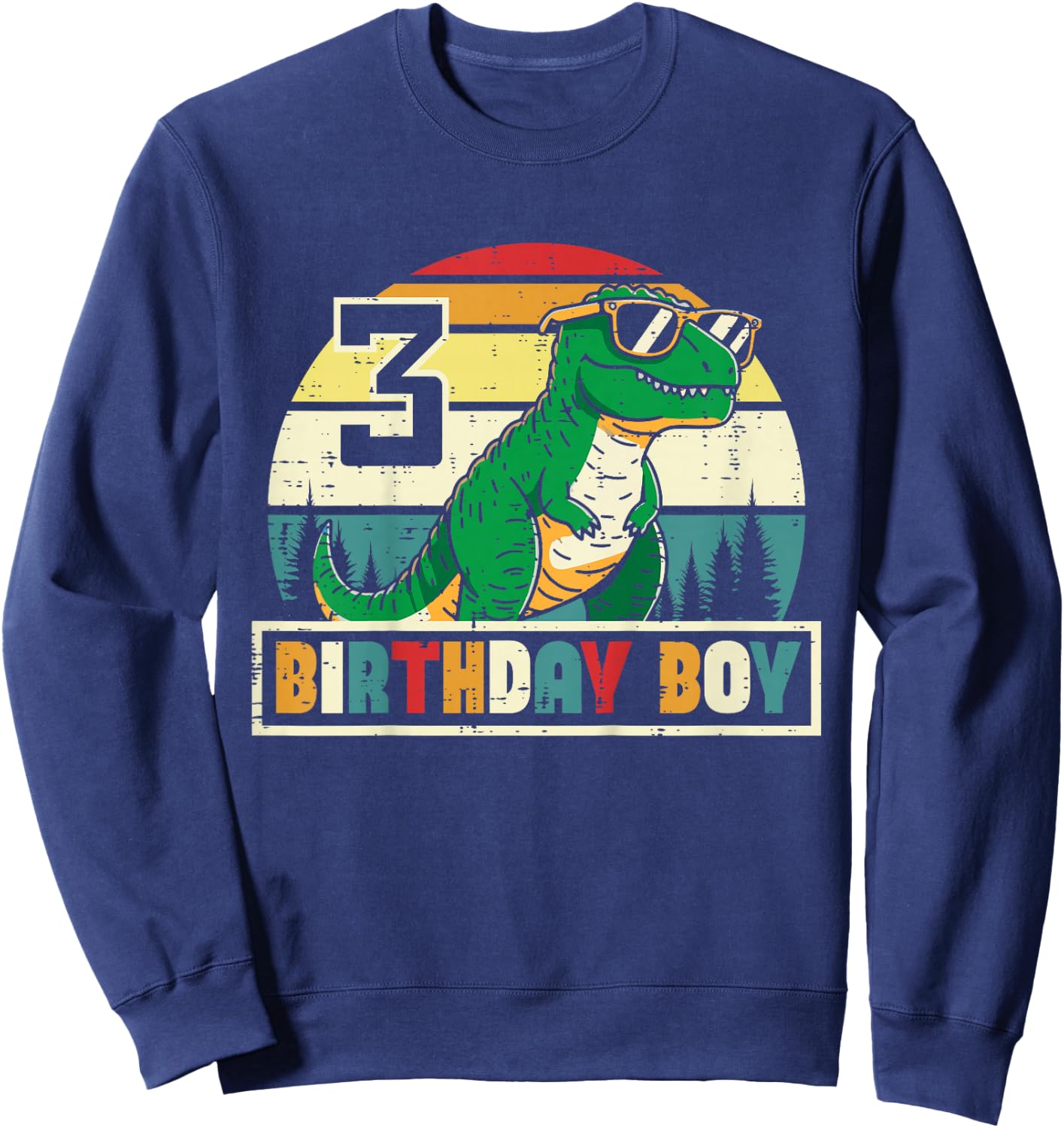 Kids 3 Birthday Boy Dino Trex Retro 3rd Bday Three Year Boys Kids Sweatshirt - Sweatshirt | Navy