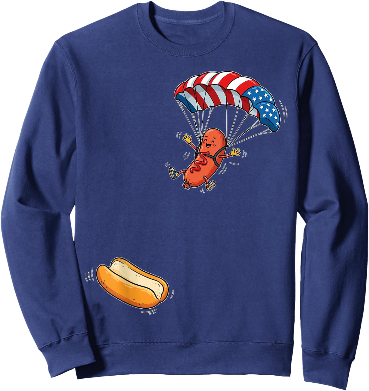 Funny Hot Dog Jumping Into Bun Sausage BBQ Skydiving USA Sweatshirt - Sweatshirt | Navy