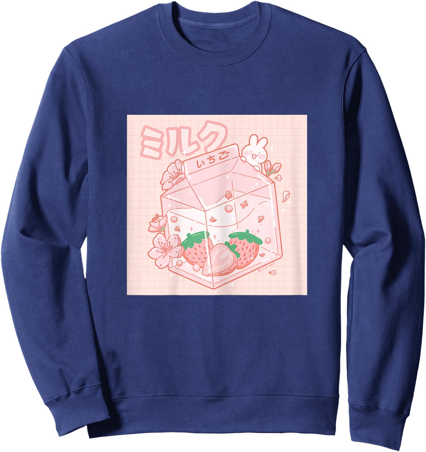Strawberry Milk Bunny Japanese Kawaii Anime Aesthetic Sweatshirt - Sweatshirt | Navy