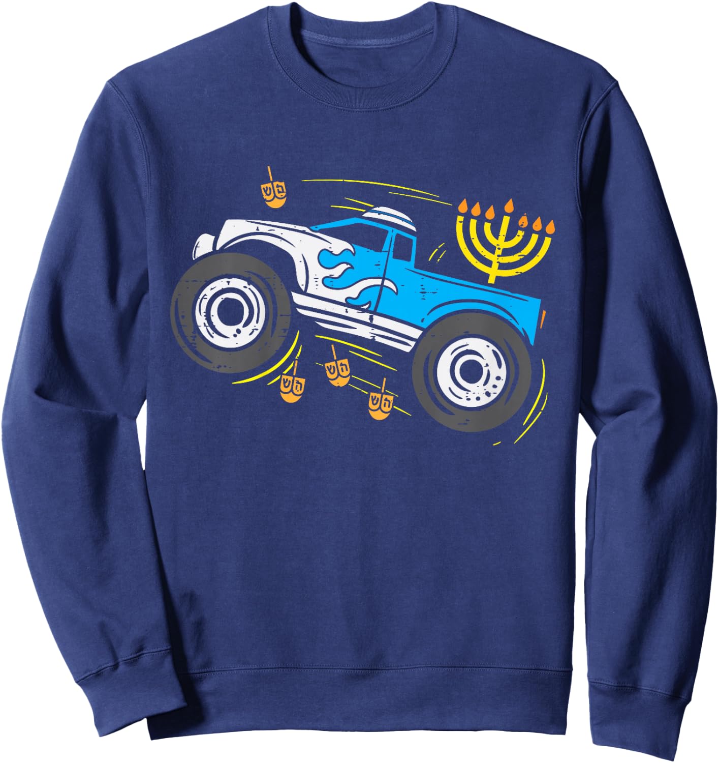 Kids Monster Truck Menorah Dreidel Toddler Boys Hanukkah Kids Sweatshirt - Sweatshirt | Navy