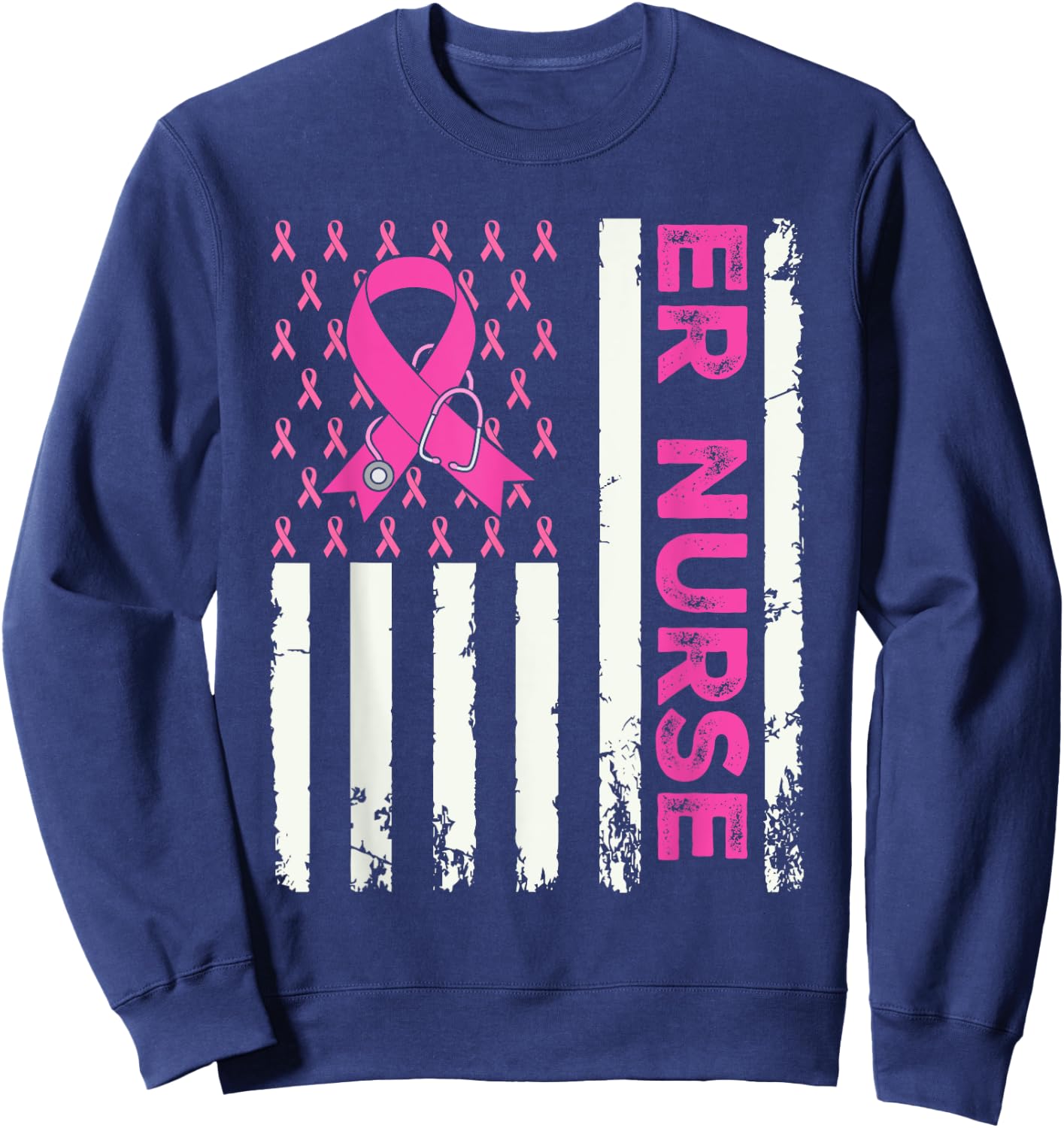 ER Nurse American Flag Breast Cancer Awareness Pink Ribbon Sweatshirt - Sweatshirt | Navy