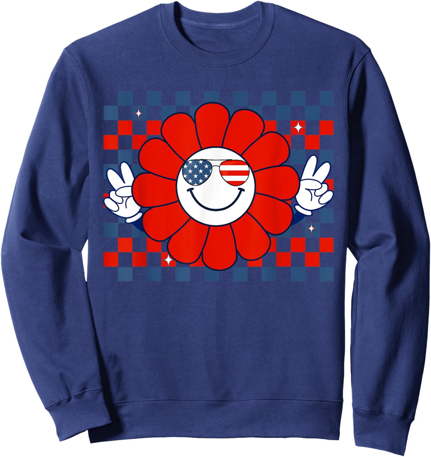 Retro Groovy Fourth 4th of July Smile Checkered Sunglasses Sweatshirt - Sweatshirt | Navy