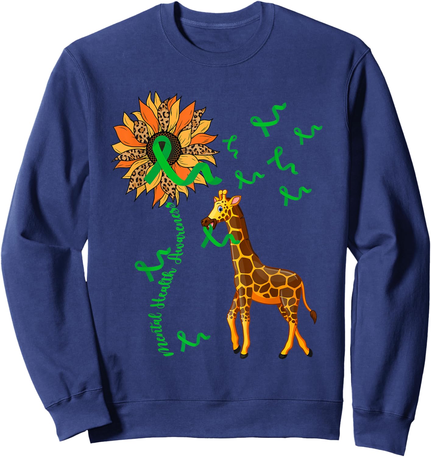 Mental Health Awareness Giraffe Holding Green Ribbons Lover Sweatshirt - Sweatshirt | Navy