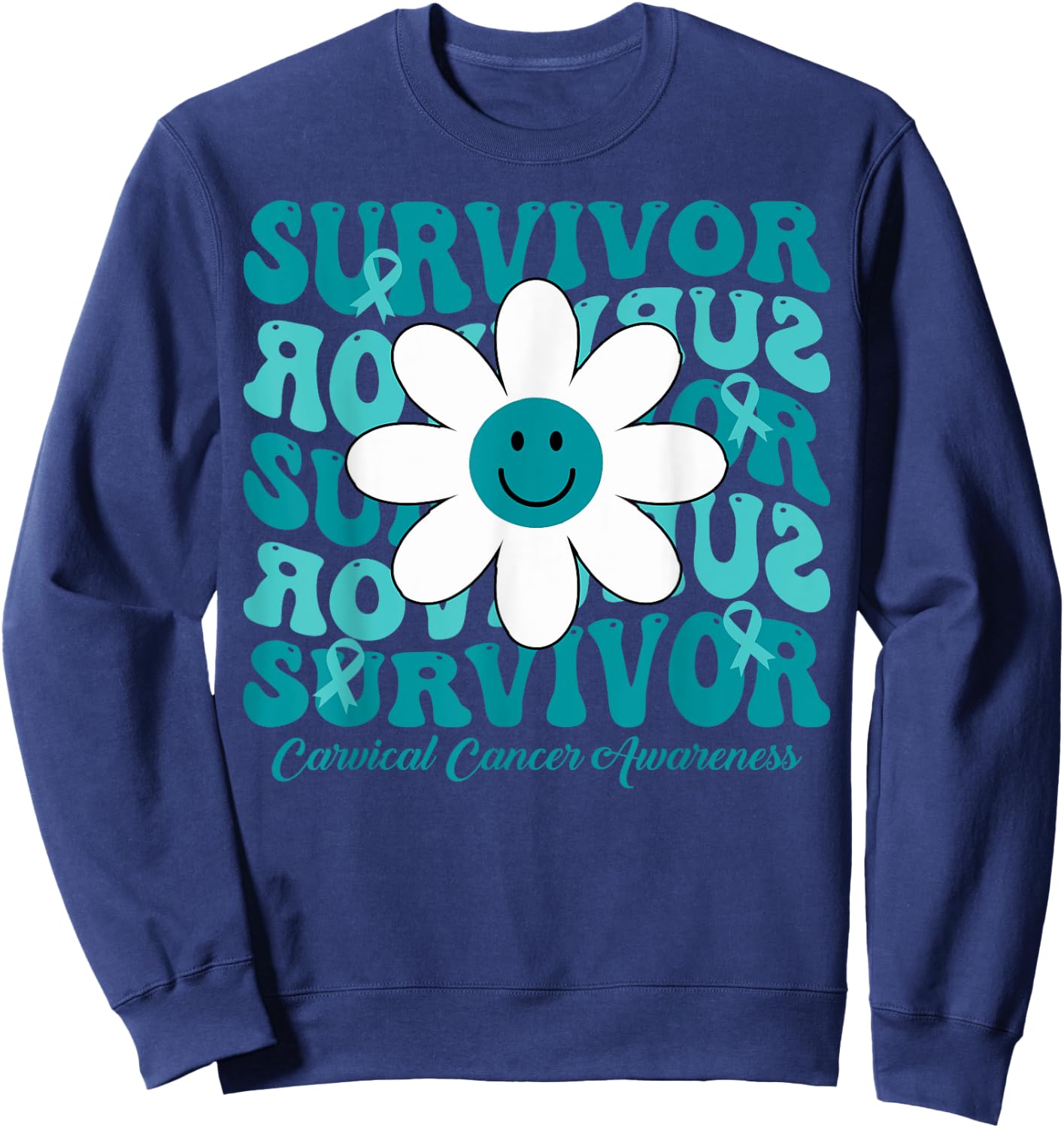 Groovy Flower Survivor Cervical Cancer Awareness Sweatshirt - Sweatshirt | Navy