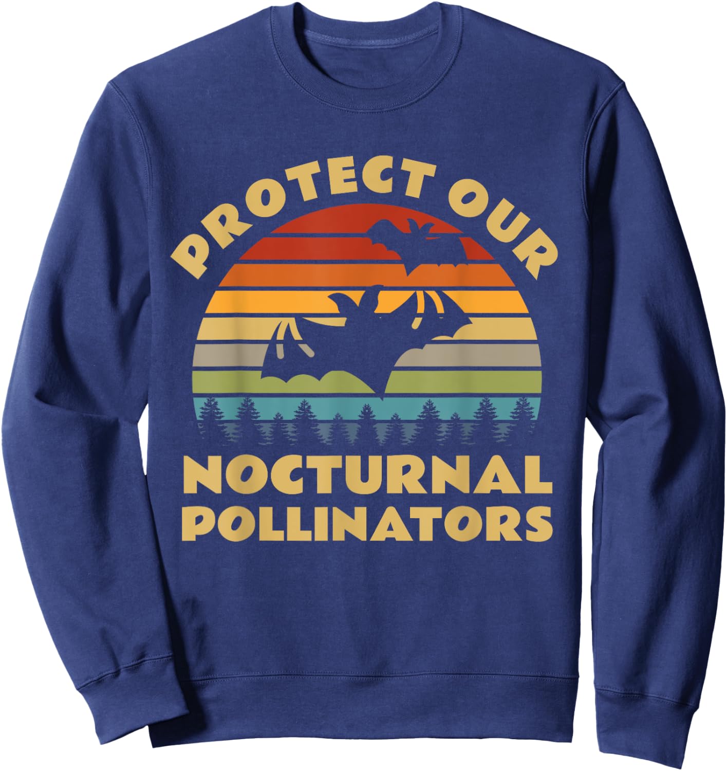 Protect Our Nocturnal Pollinators Retro Bat Sunset Sweatshirt - Sweatshirt | Navy