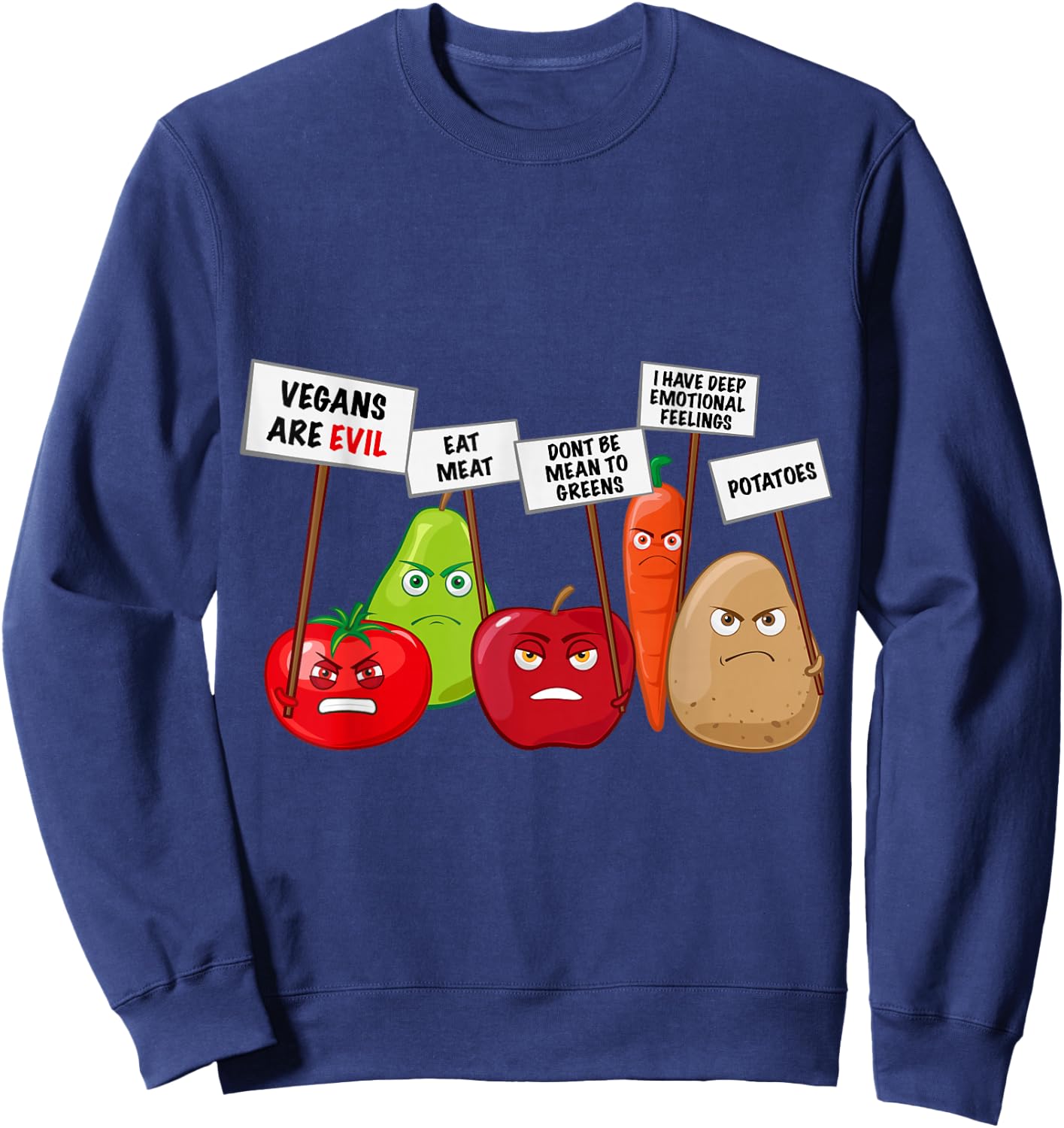 Funny Vegan - Vegetables & Fruits Protesting Against Vegans Small Sweatshirt - Sweatshirt | Navy