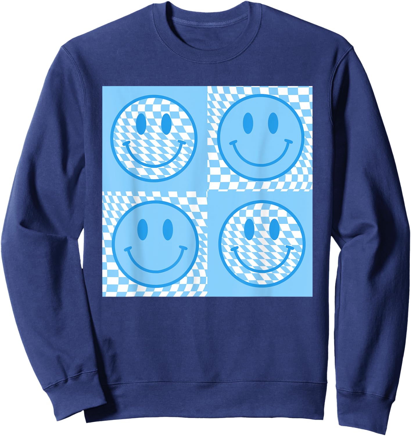 Checkered Pattern Smile Face Meme Blue Happy Face Colorful Sweatshirt - Sweatshirt | Navy