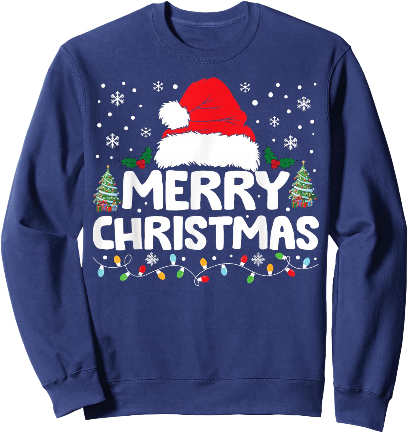 Merry Christmas Lights Red Santa Hat Xmas Family Men Women Sweatshirt - Sweatshirt | Navy