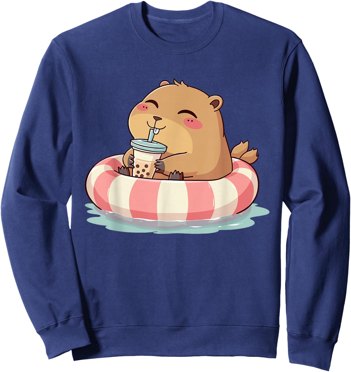 Capybara On Pool Float Drinking Boba Tea Women Girls Kids Sweatshirt - Sweatshirt | Navy