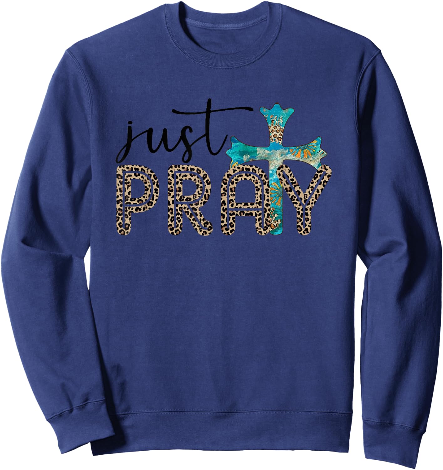 Just Pray Leopard Print Spiritual Faith Cross Sweatshirt - Sweatshirt | Navy