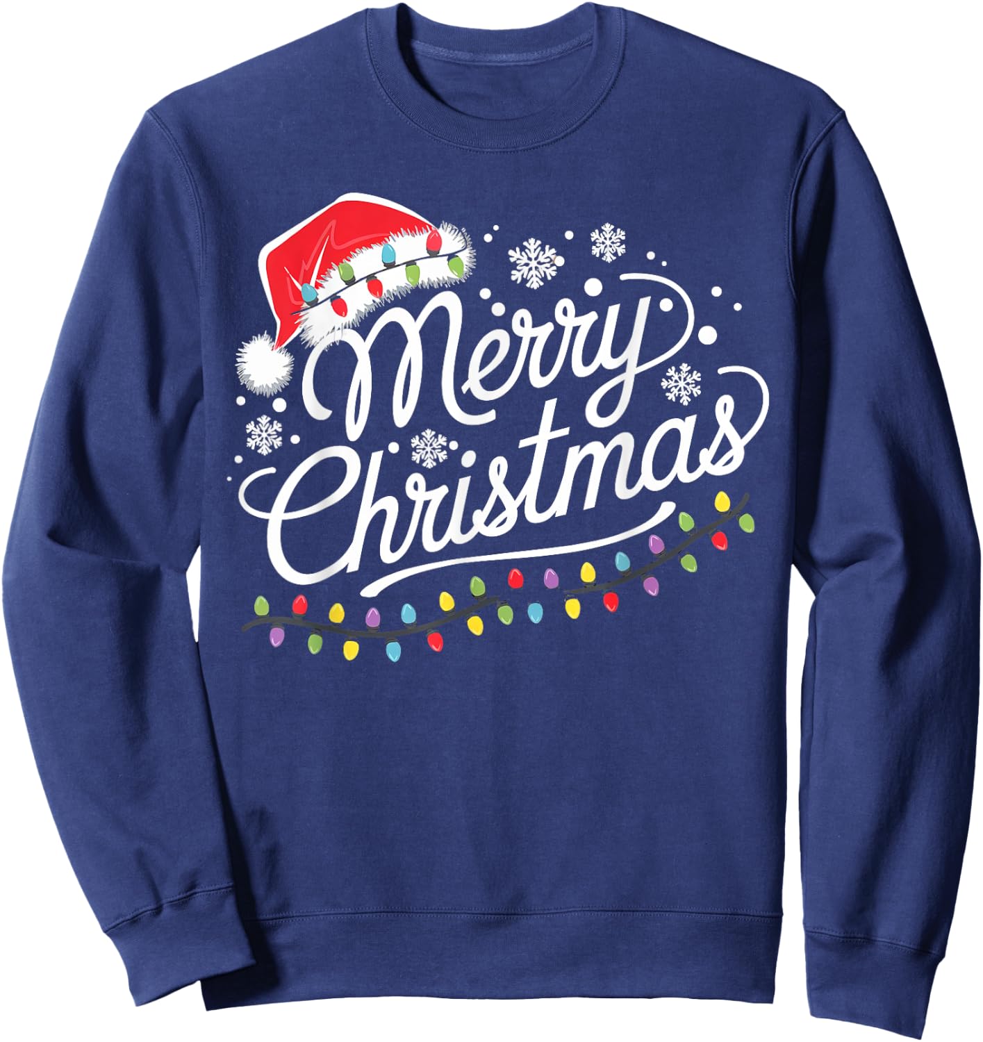 Merry Christmas Lights Red Santa Hat Xmas Family Men Women Sweatshirt - Sweatshirt | Navy