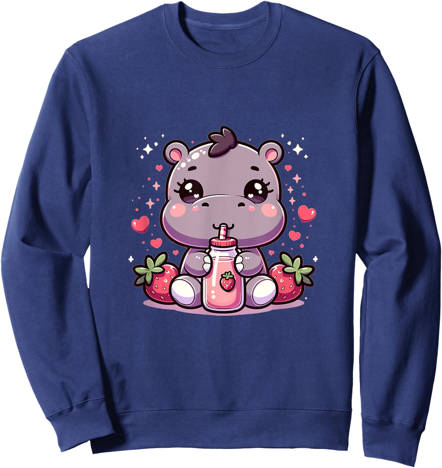Cute Japanese Kawaii Style Hippo Drinking Strawberry Milk Sweatshirt - Sweatshirt | Navy
