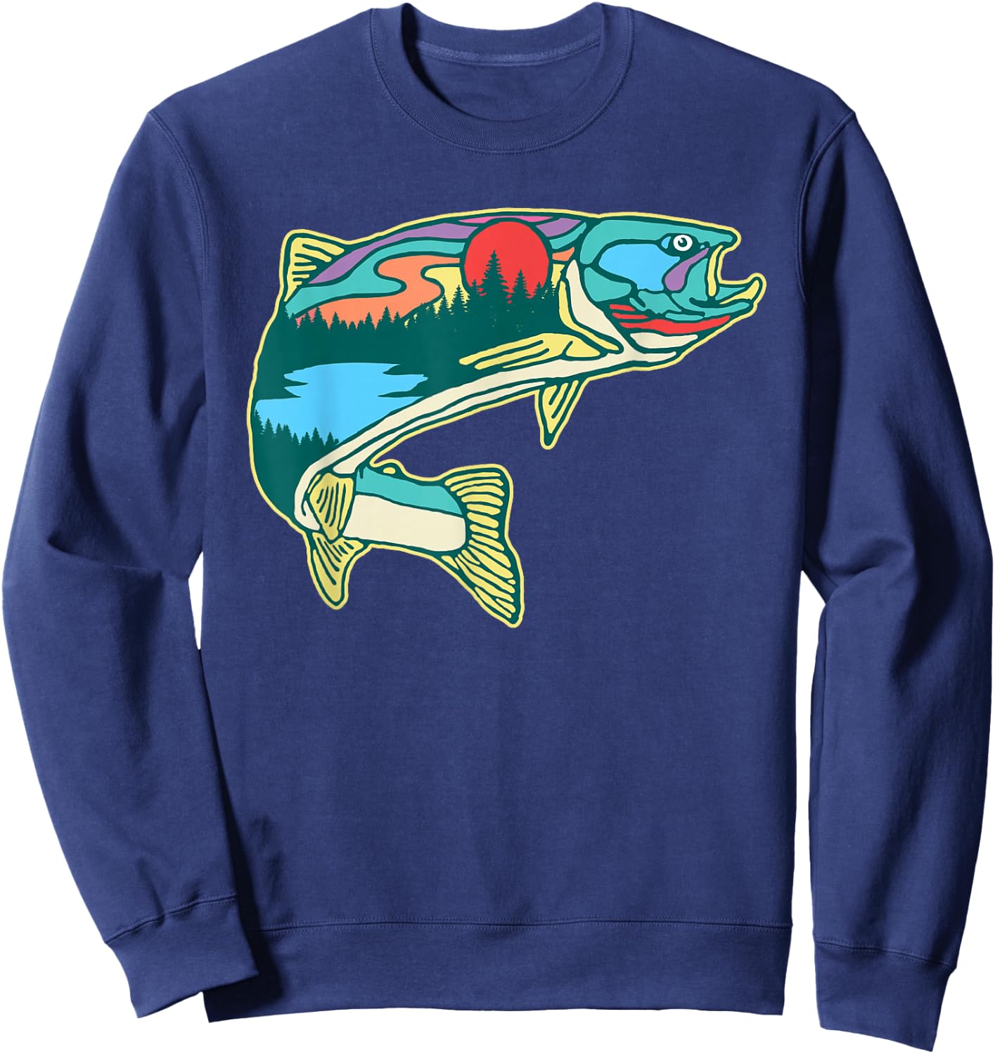 Nature Trout Illustration Vintage Fly Fishing Retro Graphic Sweatshirt - Sweatshirt | Navy