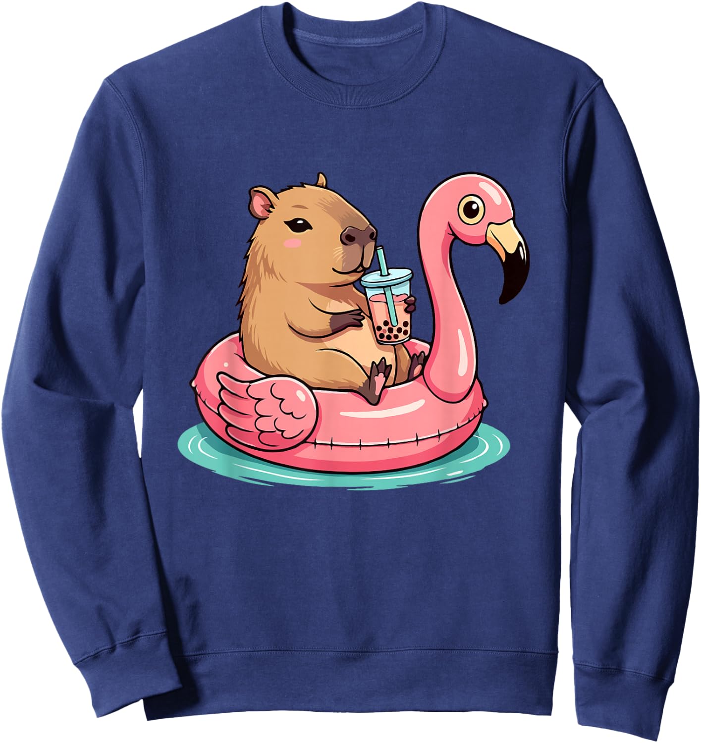 Cute Capybara On Flamingo Pool Float Drinking Bubble Tea Sweatshirt - Sweatshirt | Navy