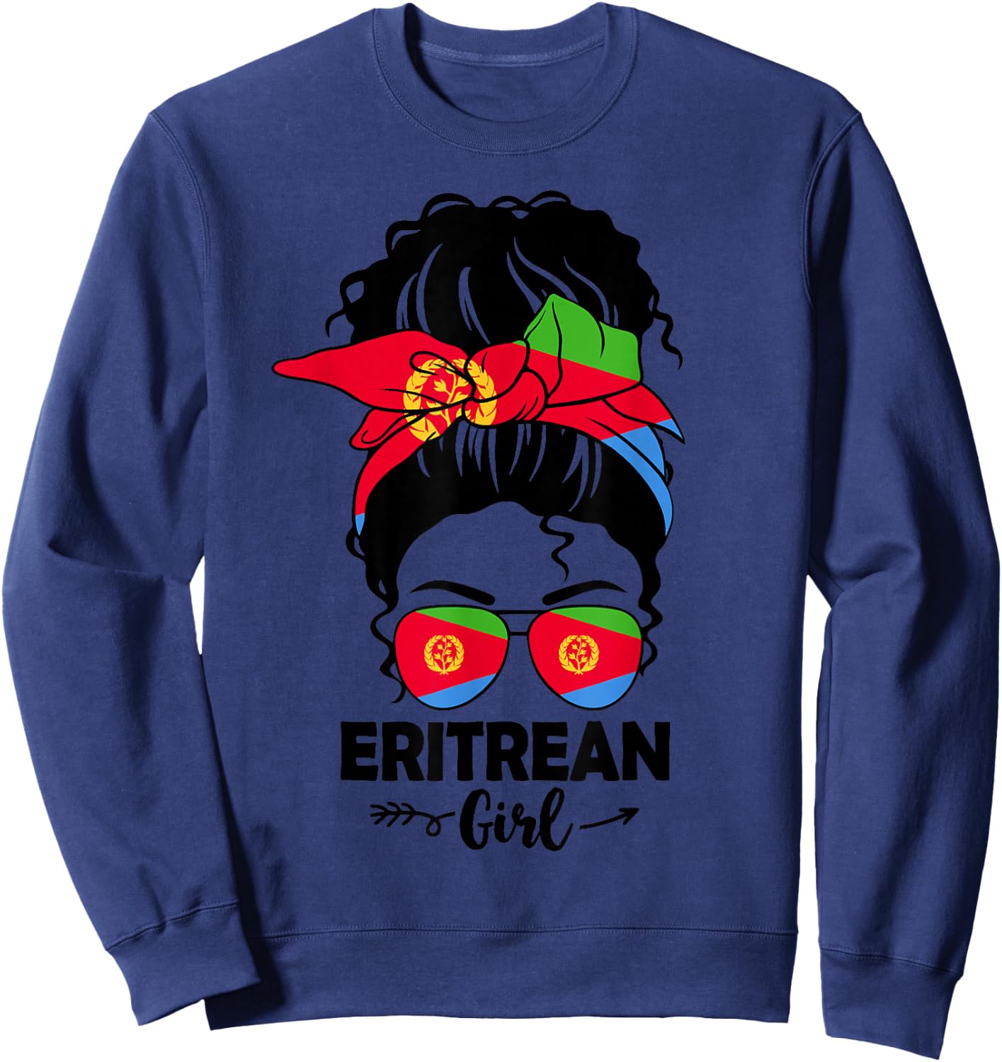 Messy Bun Eritrean Girl & Eritrea Flag Glasses Bandana BHM Sweatshirt - Sweatshirt | Navy