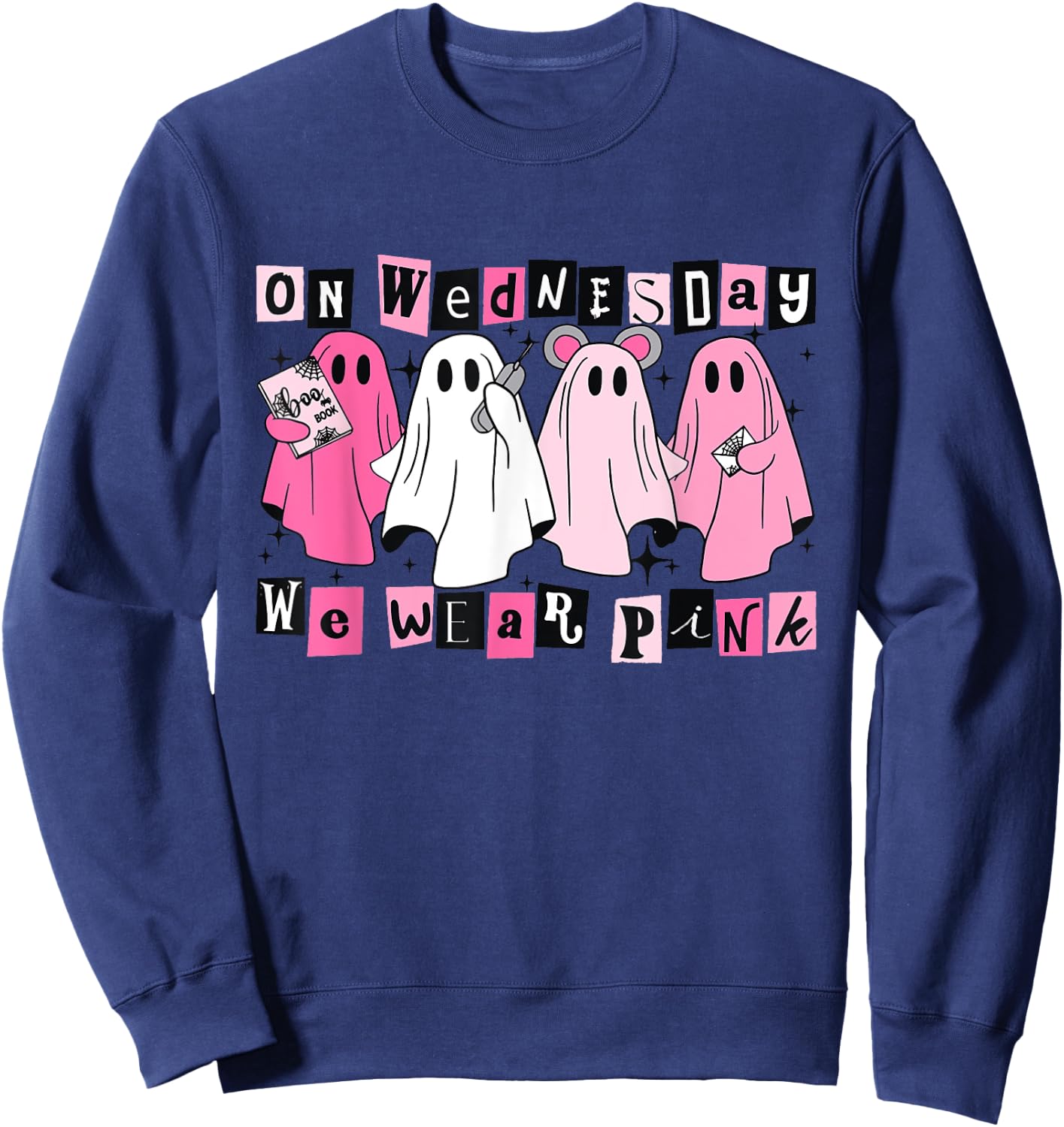 On Wednesday We Wear Cute Pink Ghost Halloween Sweatshirt - Sweatshirt | Navy