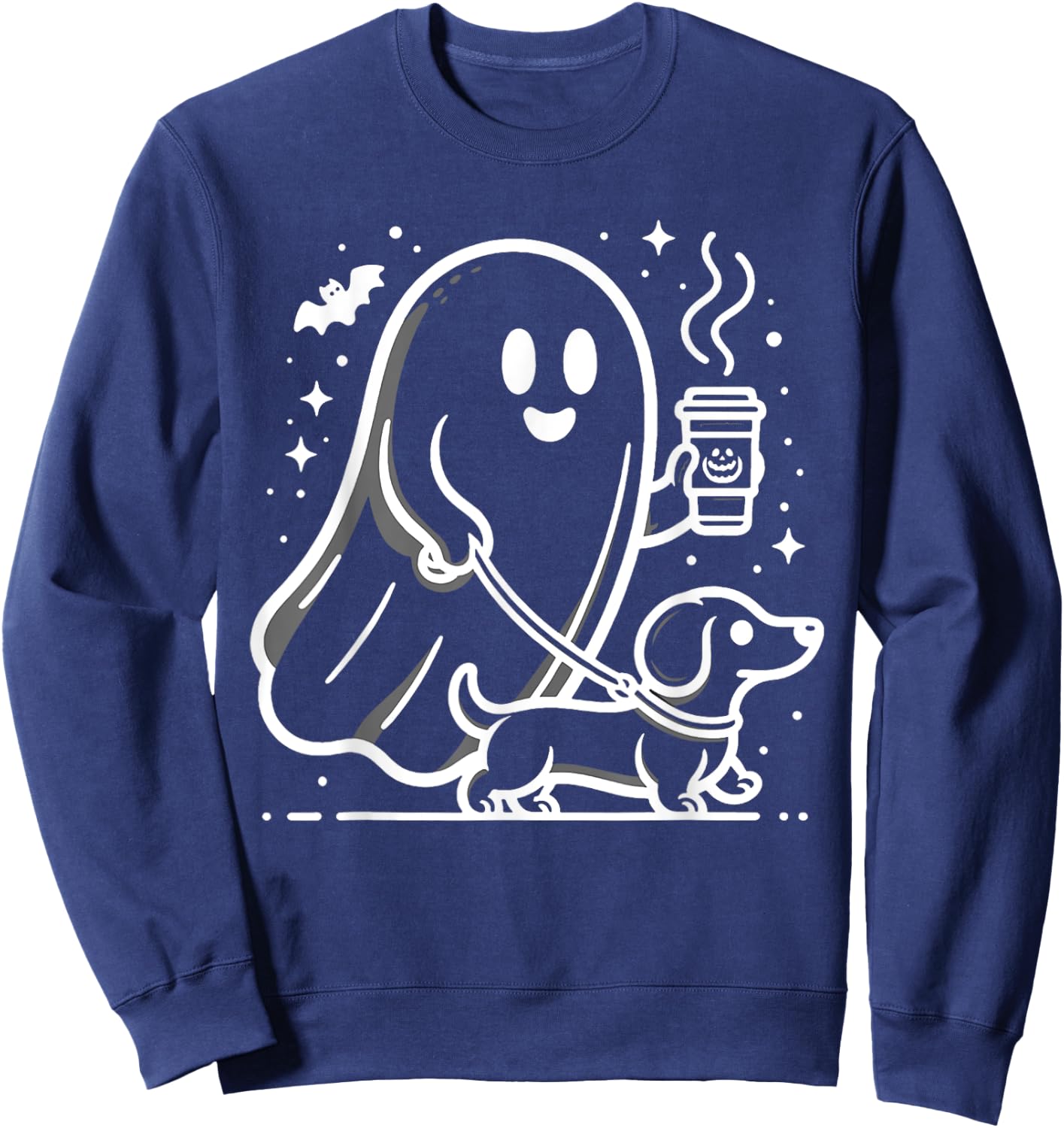 Retro Funny Ghost Walking Dog Spooky Season Halloween Sweatshirt - Sweatshirt | Navy