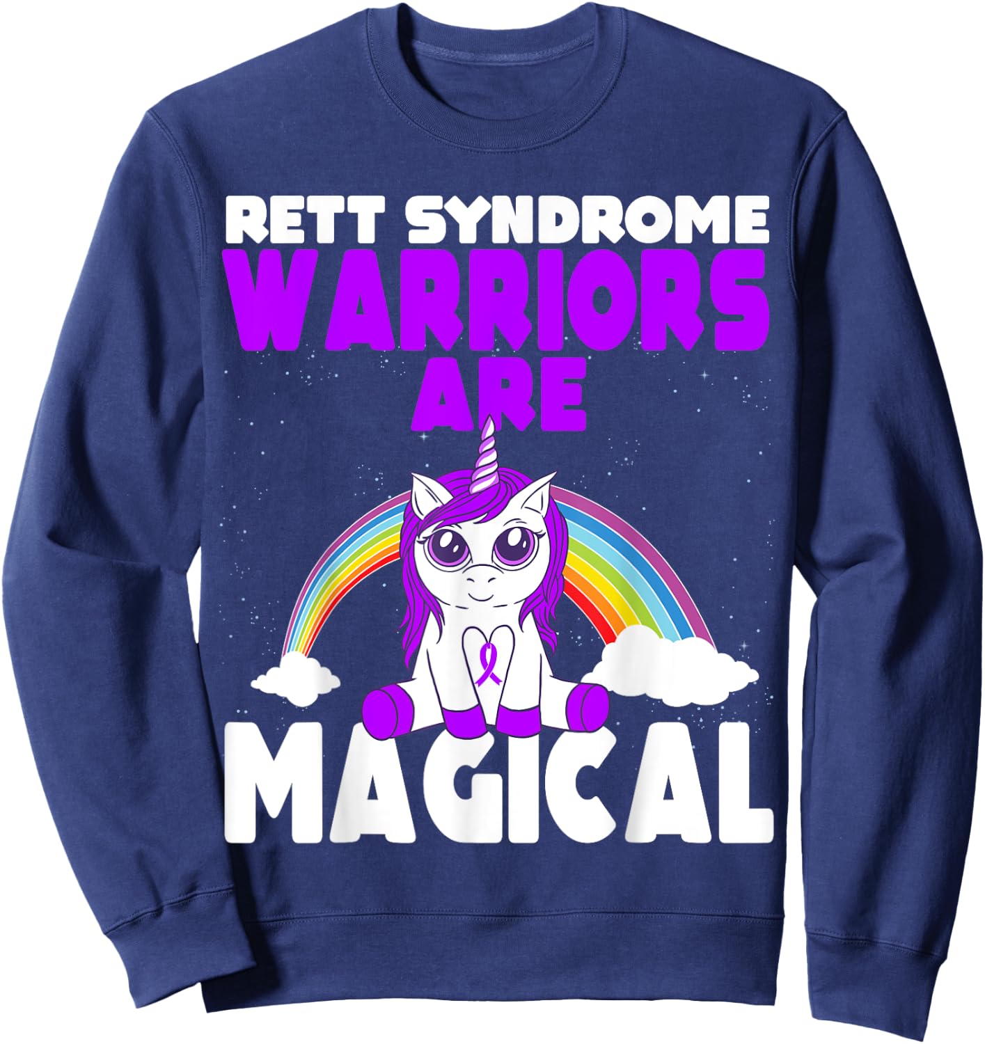 Rett Syndrome Awareness Purple Ribbon Cute Magical Unicorn Sweatshirt - Sweatshirt | Navy
