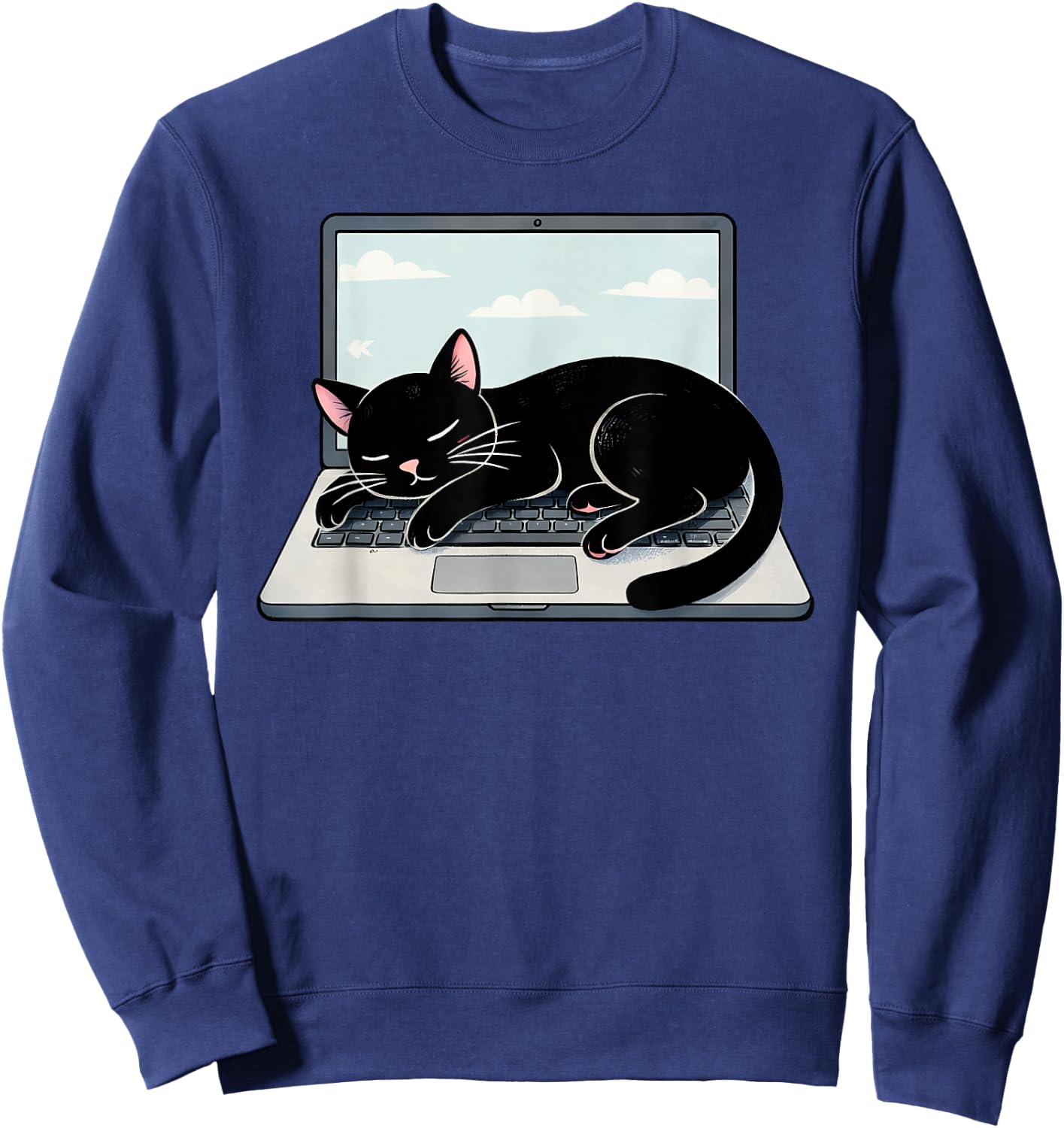 Funny Black Cat Sleeping On Laptop Computer Sweatshirt - Sweatshirt | Navy