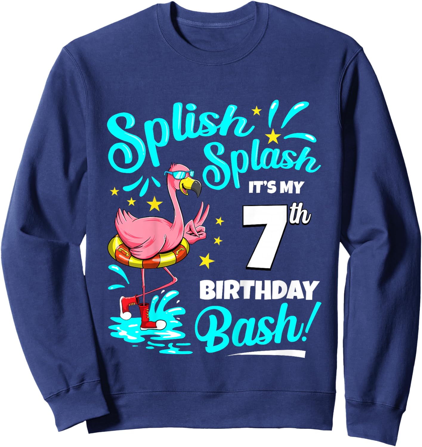 7th Birthday Flamingo 7 Years Old Pool Party Summer Sweatshirt - Sweatshirt | Navy