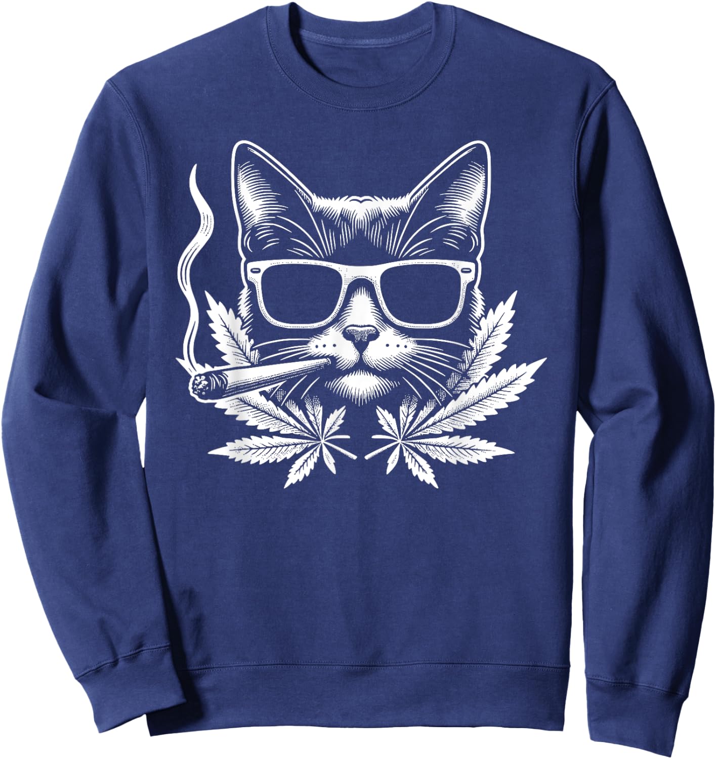 Retro Cat With Sunglasses Smoking Cannabis Cannabis Leaf Sweatshirt - Sweatshirt | Navy