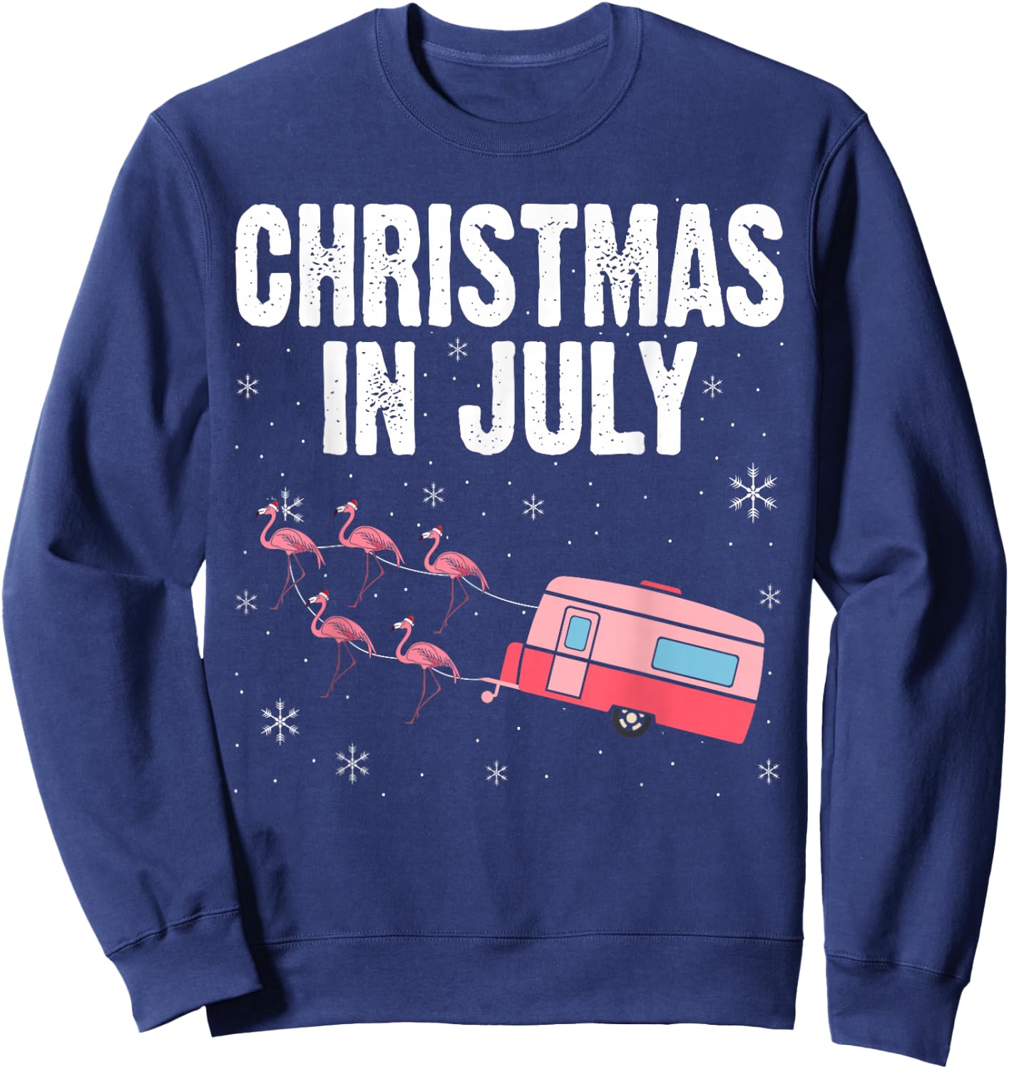 Christmas In July Flamingo Trailer Summer Xmas Camp Camper Sweatshirt - Sweatshirt | Navy