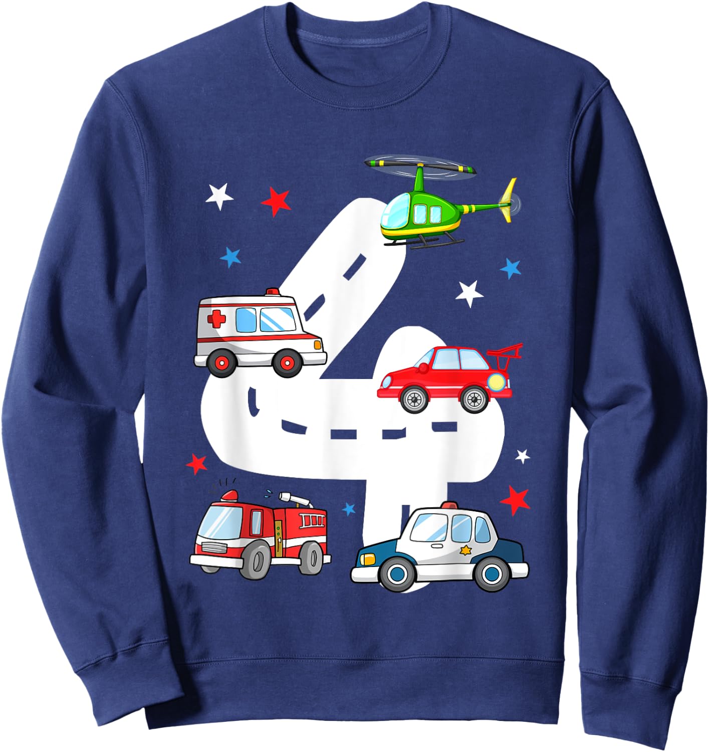 4th Birthday Emergency Vehicles 4 Year Old Birthday Kids Sweatshirt - Sweatshirt | Navy
