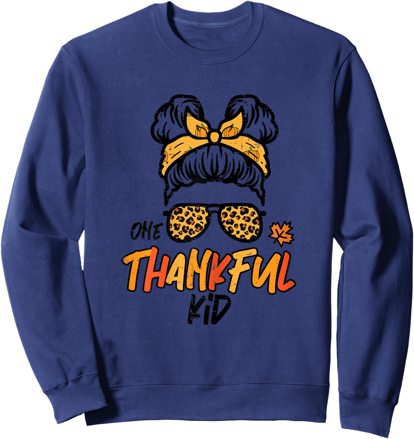 Thanksgiving Messy Bun One Thankful Kid Fall Girls Youth Sweatshirt - Sweatshirt | Navy
