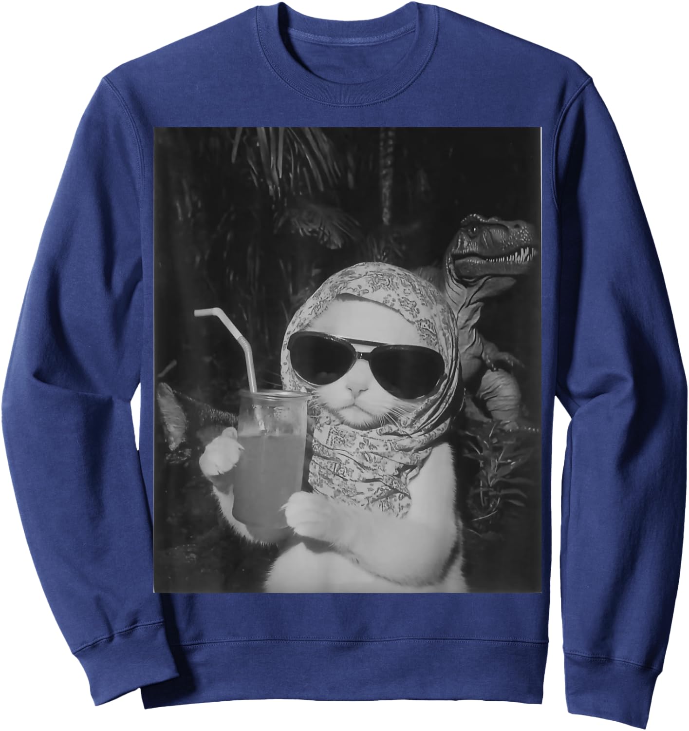 Chill And Cool Cat Drinking Fruit Selfie With Dinosaur T-Rex Women Kids Sweatshirt - Sweatshirt | Navy
