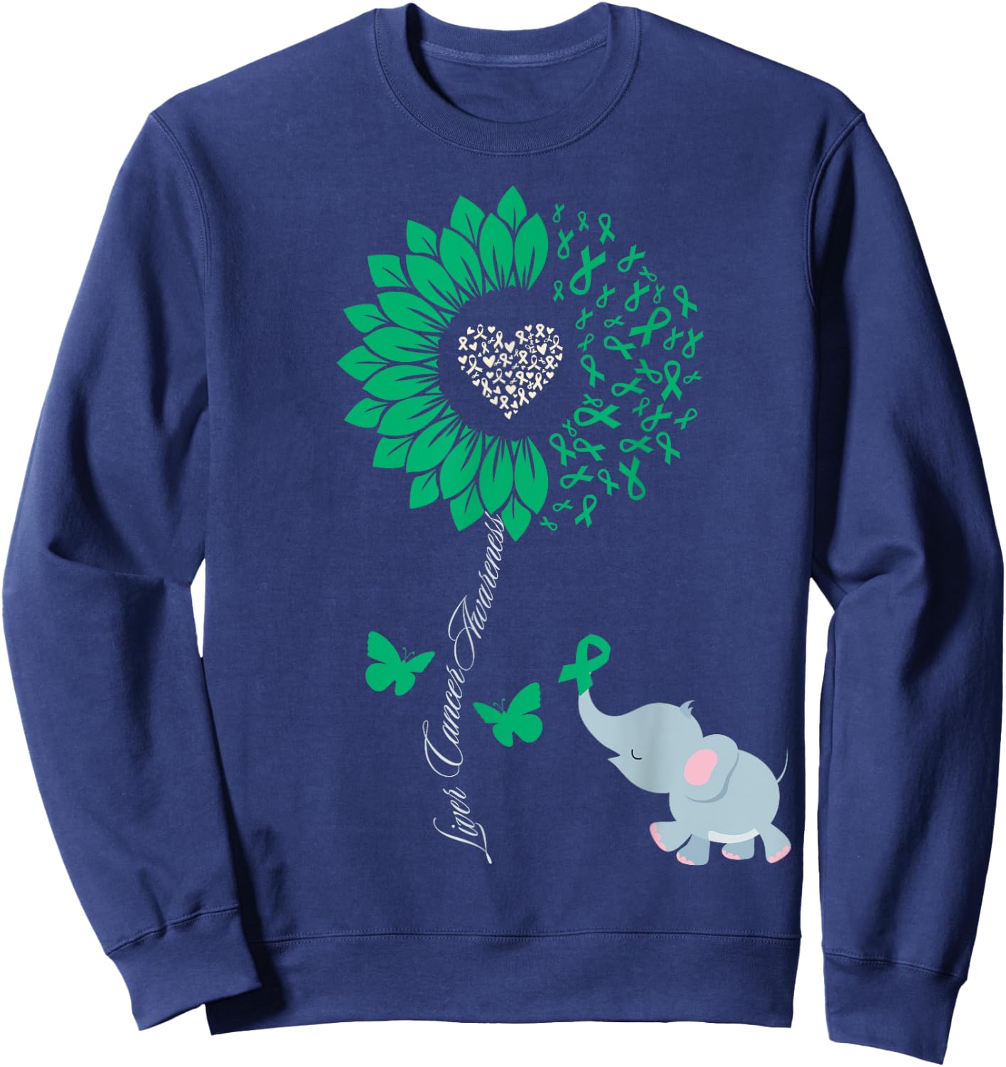 Liver Cancer Awareness Sunflower Elephant Butterfly Green Sweatshirt - Sweatshirt | Navy