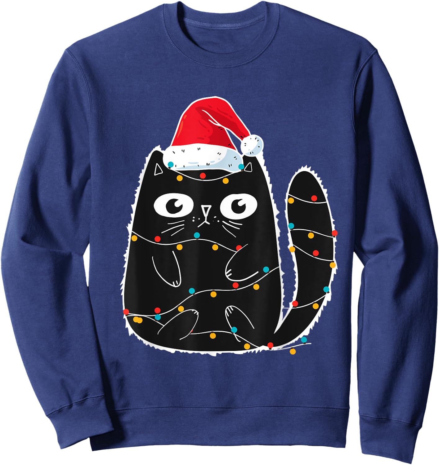 Cute Black Cat Santa Christmas Lights Meow Kitty Kitten Xmas Women Kids Sweatshirt - Sweatshirt | Navy