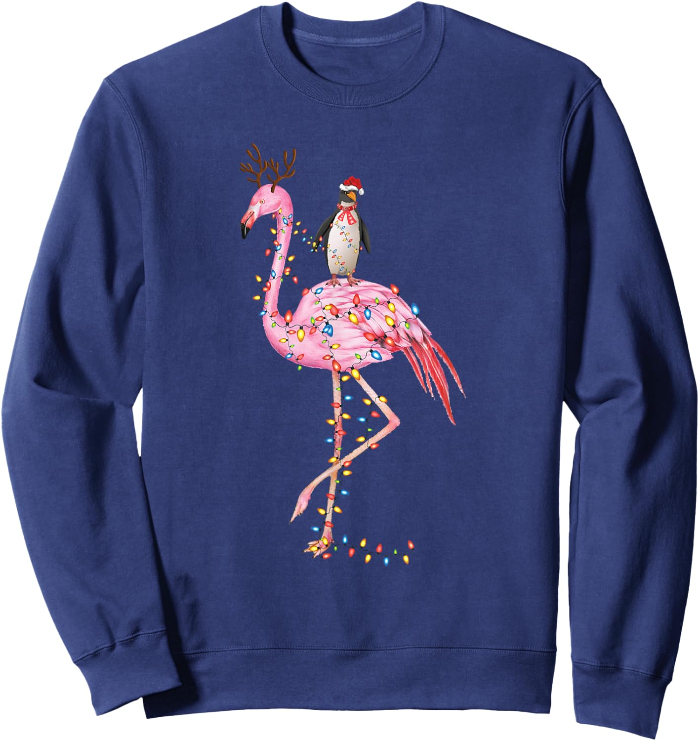 Holiday Xmas Lighting Penguin Riding Flamingo Christmas Sweatshirt - Sweatshirt | Navy