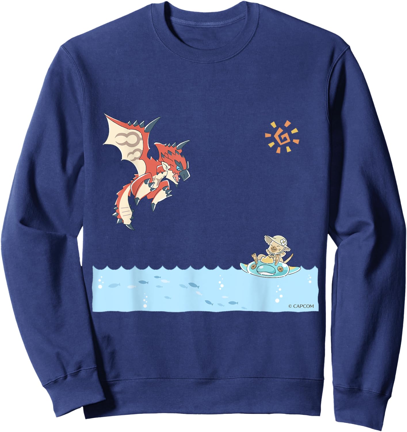 Monster Hunter Rathalos & Swimming Felyne , Black, S Sweatshirt - Sweatshirt | Navy