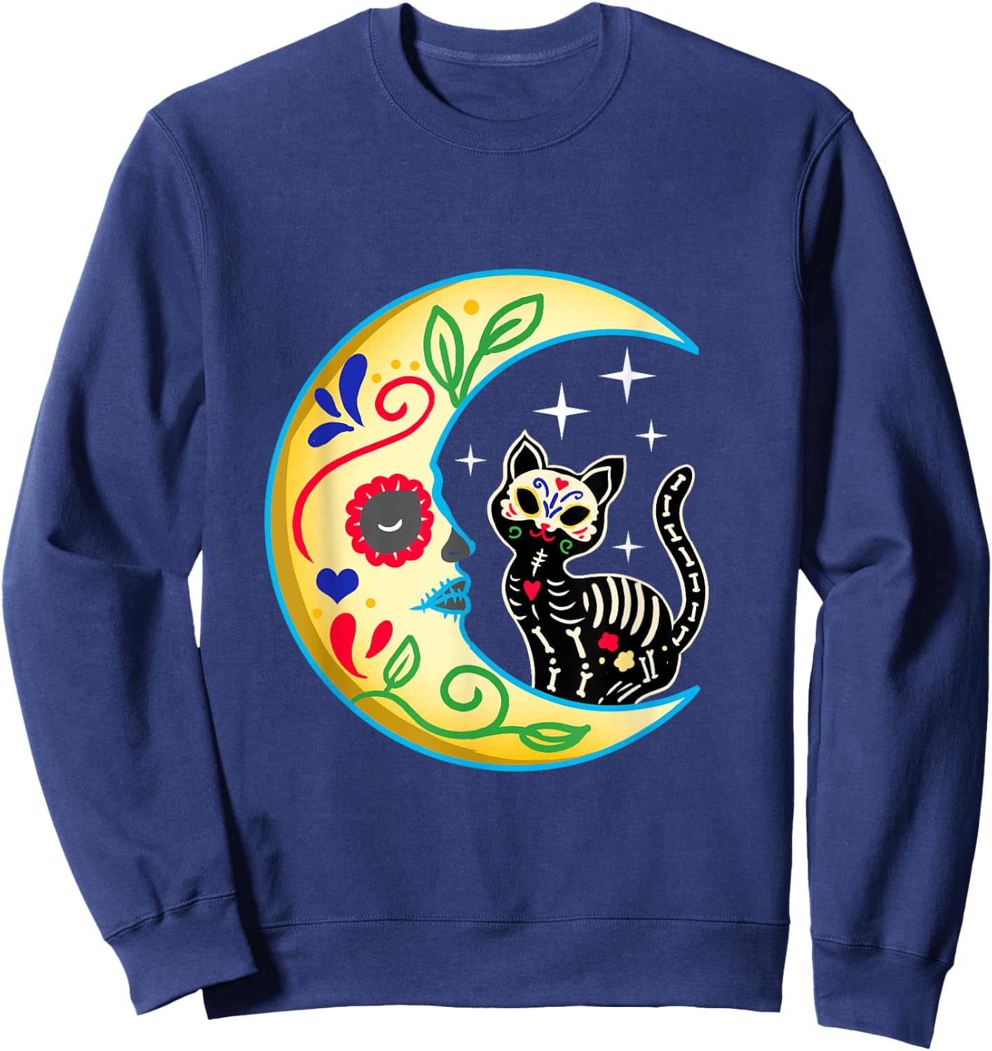 Cat & Moon Sugar Skull Dia de Los Muertos Day of The Dead Men Women Girls Kids Sweatshirt - Sweatshirt | Navy