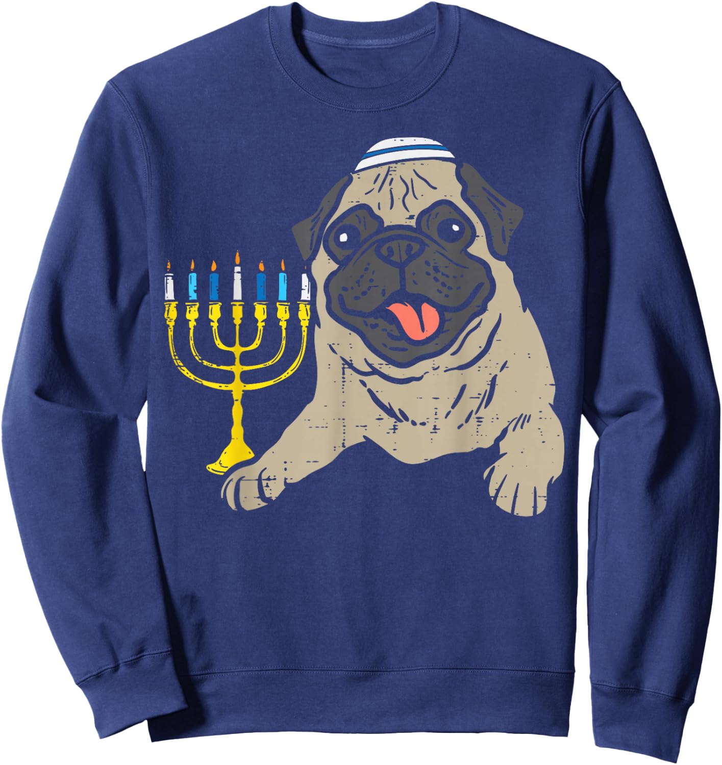 Jewish Pug Dog Menorah Hanukkah Pajamas Chanukah PJs Sweatshirt - Sweatshirt | Navy