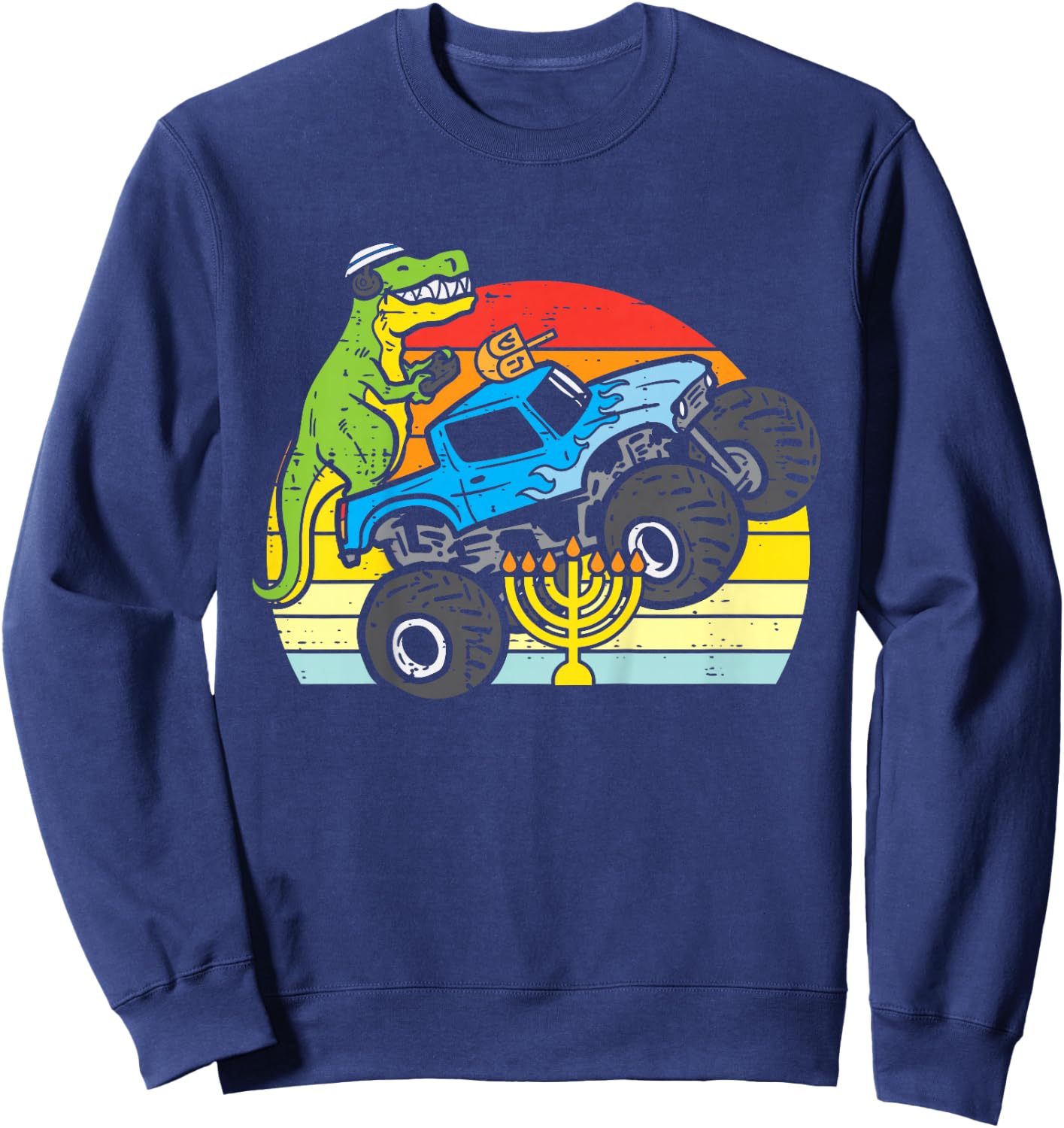 Kids Trex Dino Monster Truck Menorah Boys Hanukkah Toddler Kids Sweatshirt - Sweatshirt | Navy
