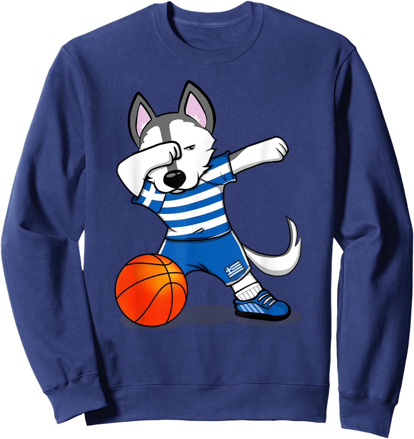 Dabbing Husky Dog Greece Basketball Fans Jersey - Greek Flag Men Women Girls Kids Sweatshirt - Sweatshirt | Navy
