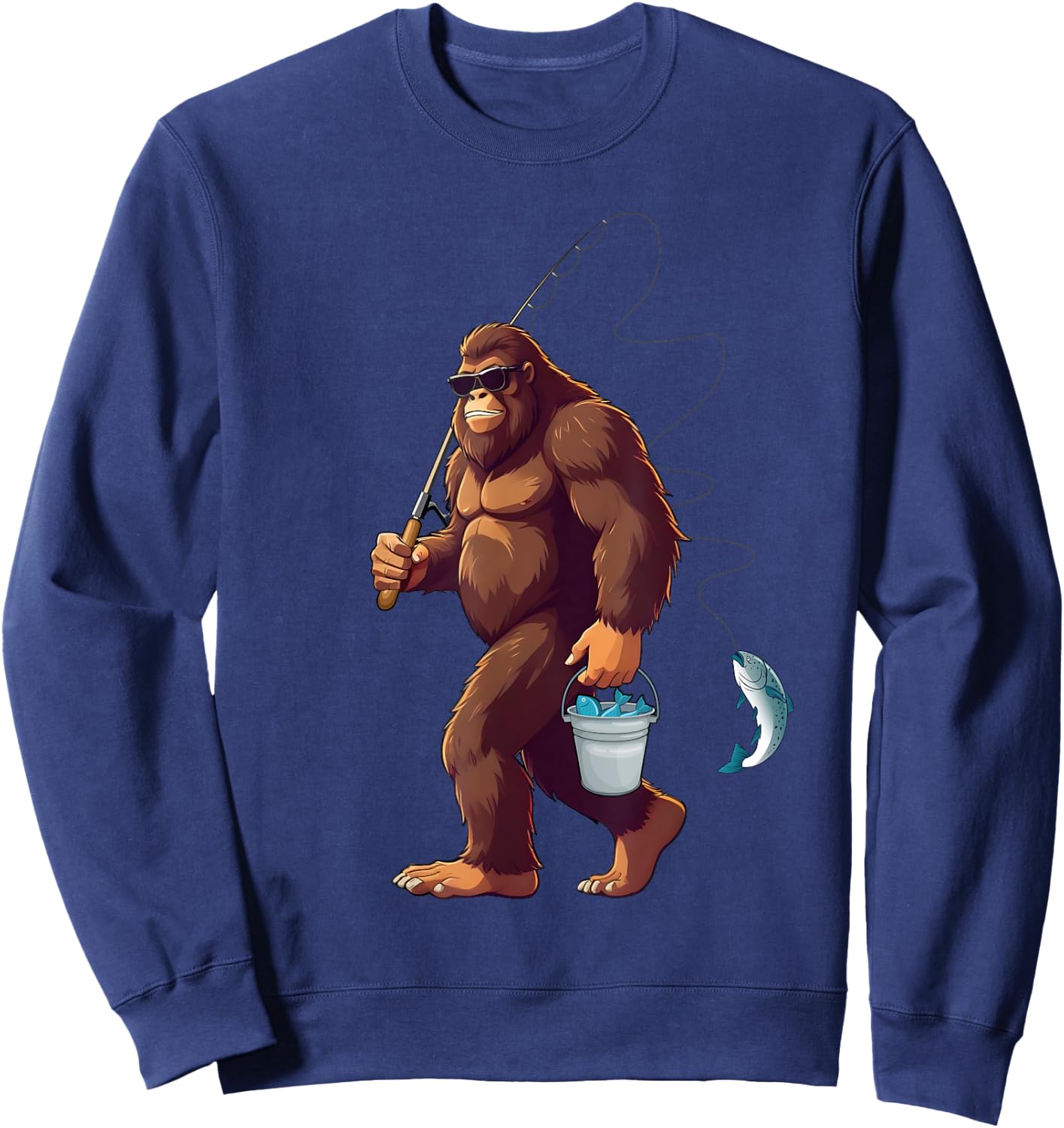 Bigfoot Fishing Funny Retro Sasquatch Fisherman Dad Men Kids Sweatshirt - Sweatshirt | Navy