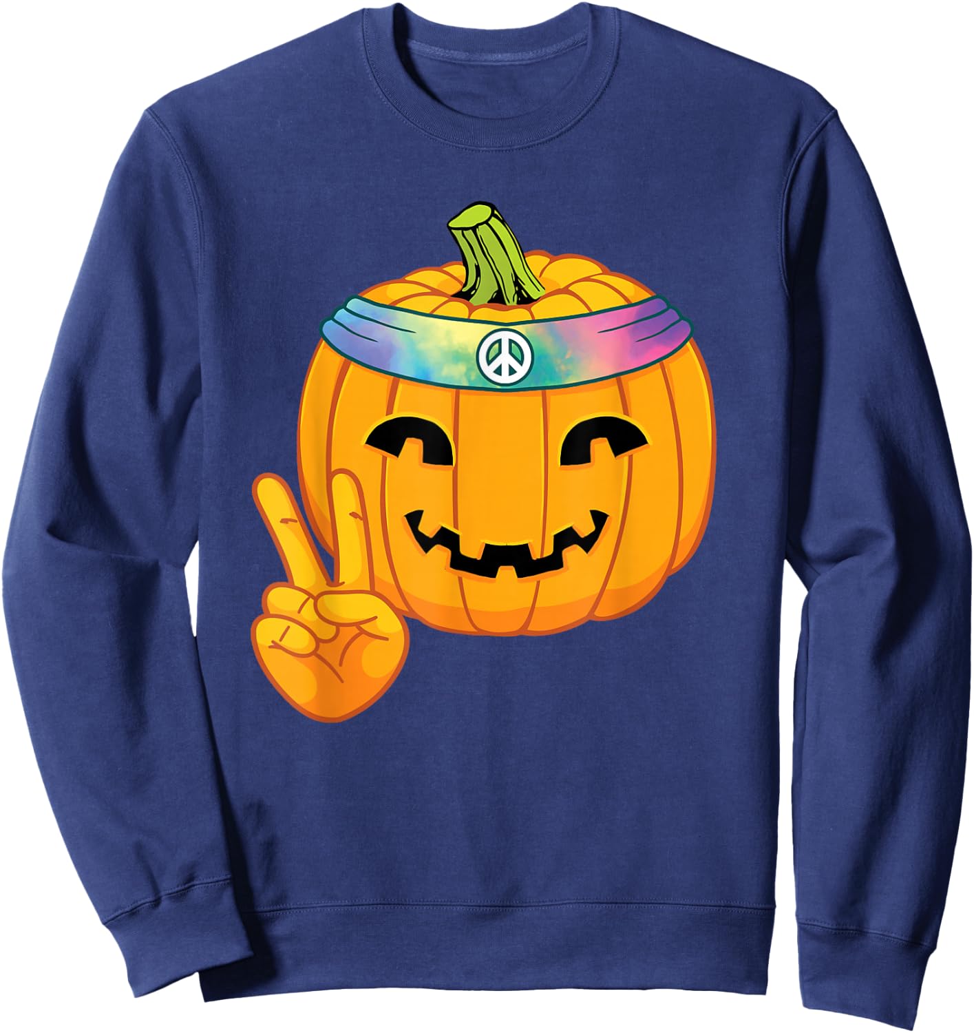 Hippie Halloween Pumpkin Peace Sign Hand Headband Tie Dye Sweatshirt - Sweatshirt | Navy
